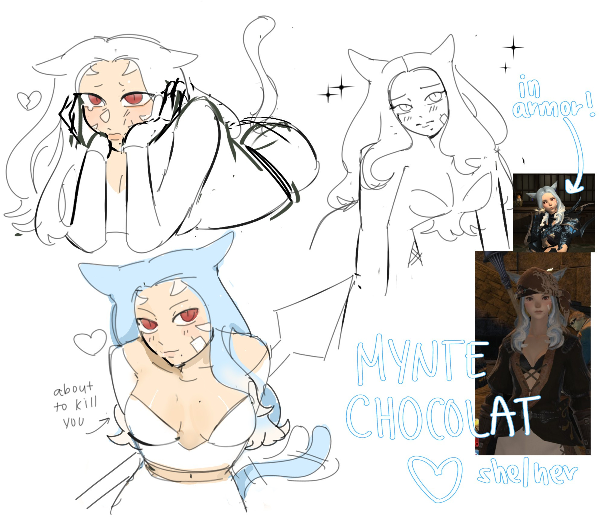 This is a messy sketch collage of Mynte Chocolate in varying positions being cutesy. There are also photos of her in ffxiv the game.