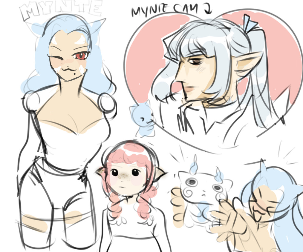 This is another compilated of messy sketches with some color during the Yokai Watch event because I really wanted Komasan for Mynte, but I also drew my friend's lalafell and Estinien in the heart. 