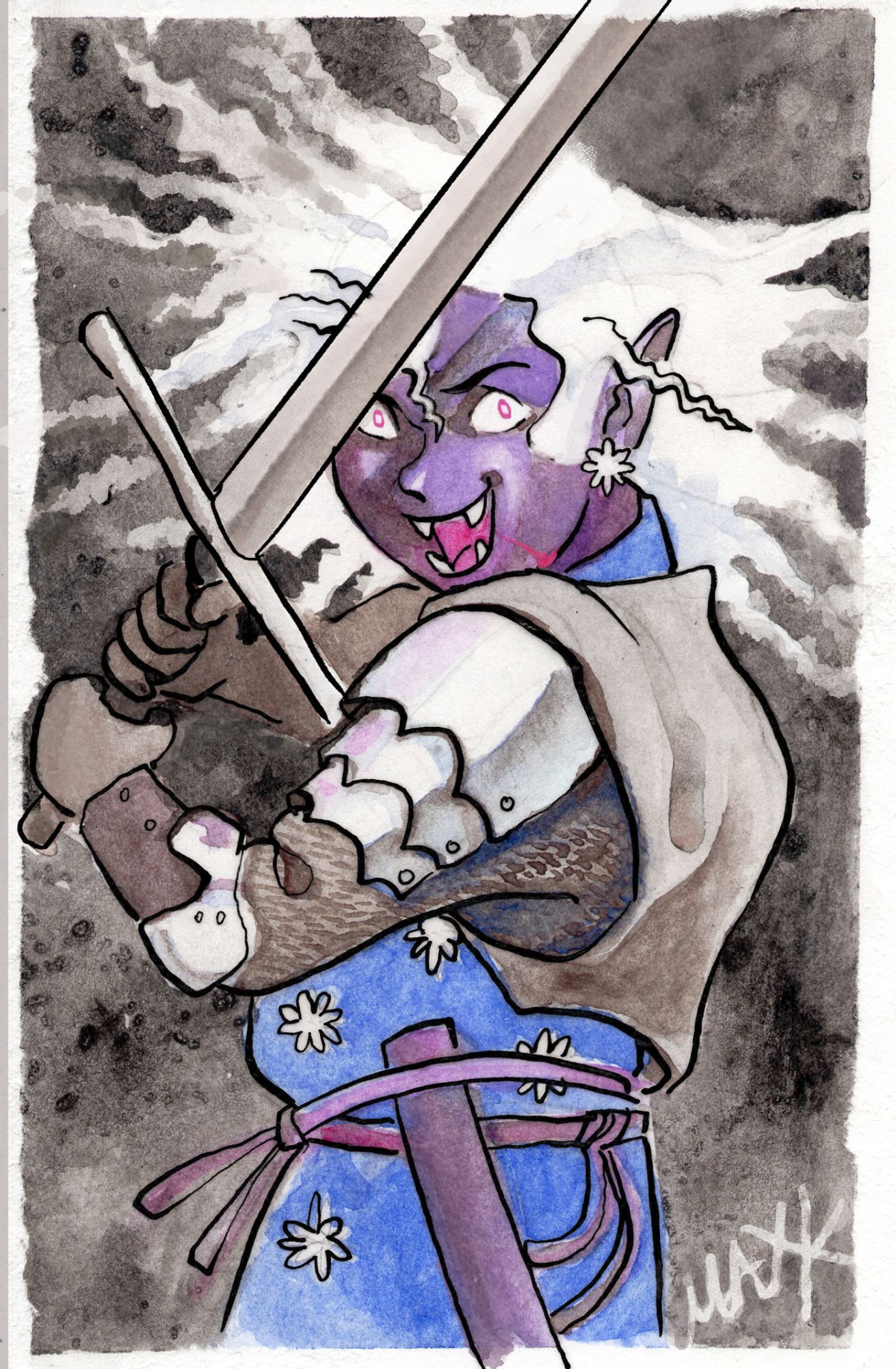 a vampire with purple skin and white hair weilding a sword, evidently on the attack. done in watercolor and ink, digitally composited.