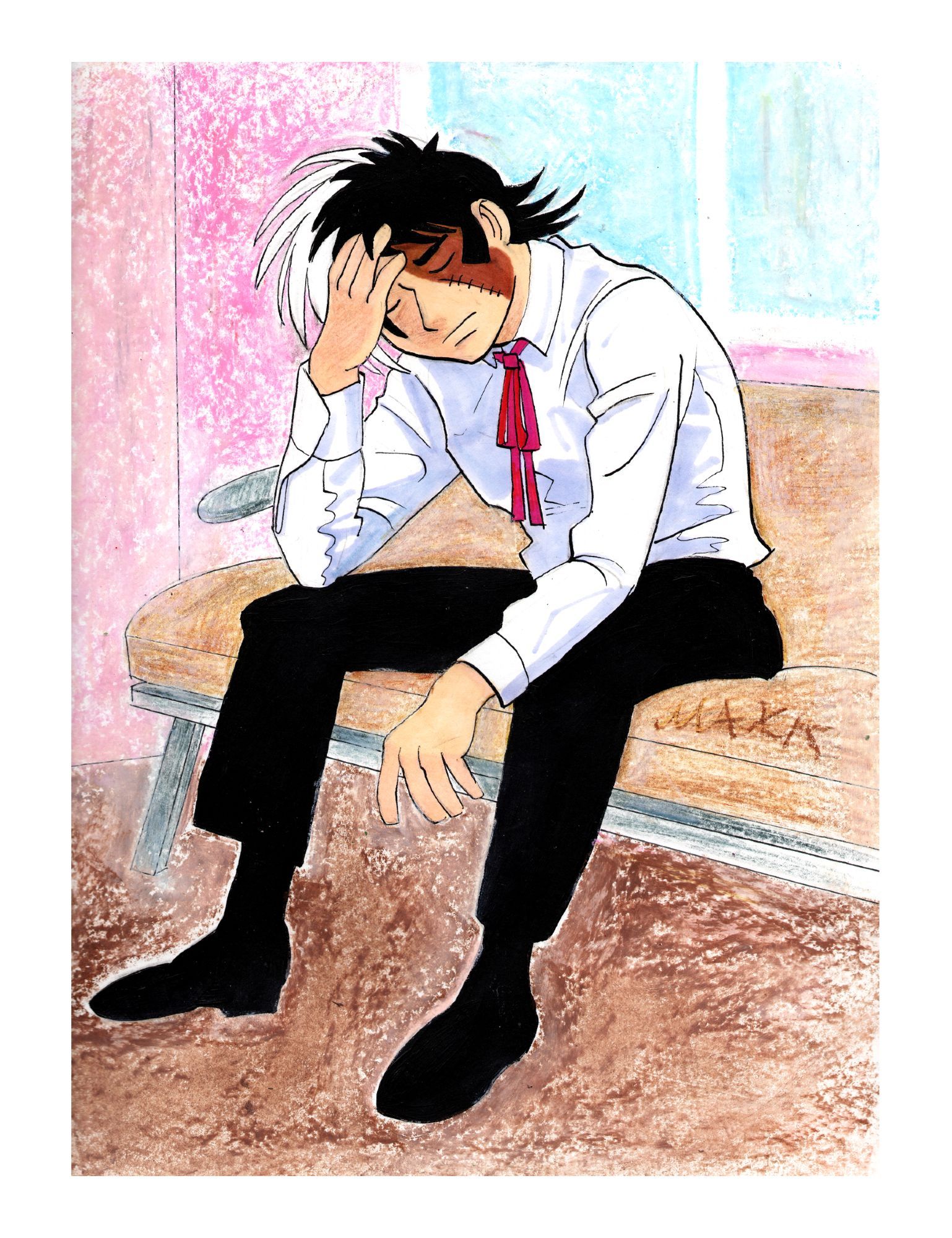 a fan art of osamu tezuka's Black Jack, done in ink, marker, and crayon. He's sitting with his head on his hand on a couch, looking frustrated or tired.