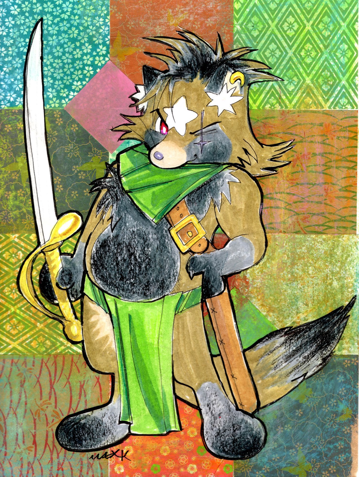 a cartoon tanuki with a sword, on a background of origami paper