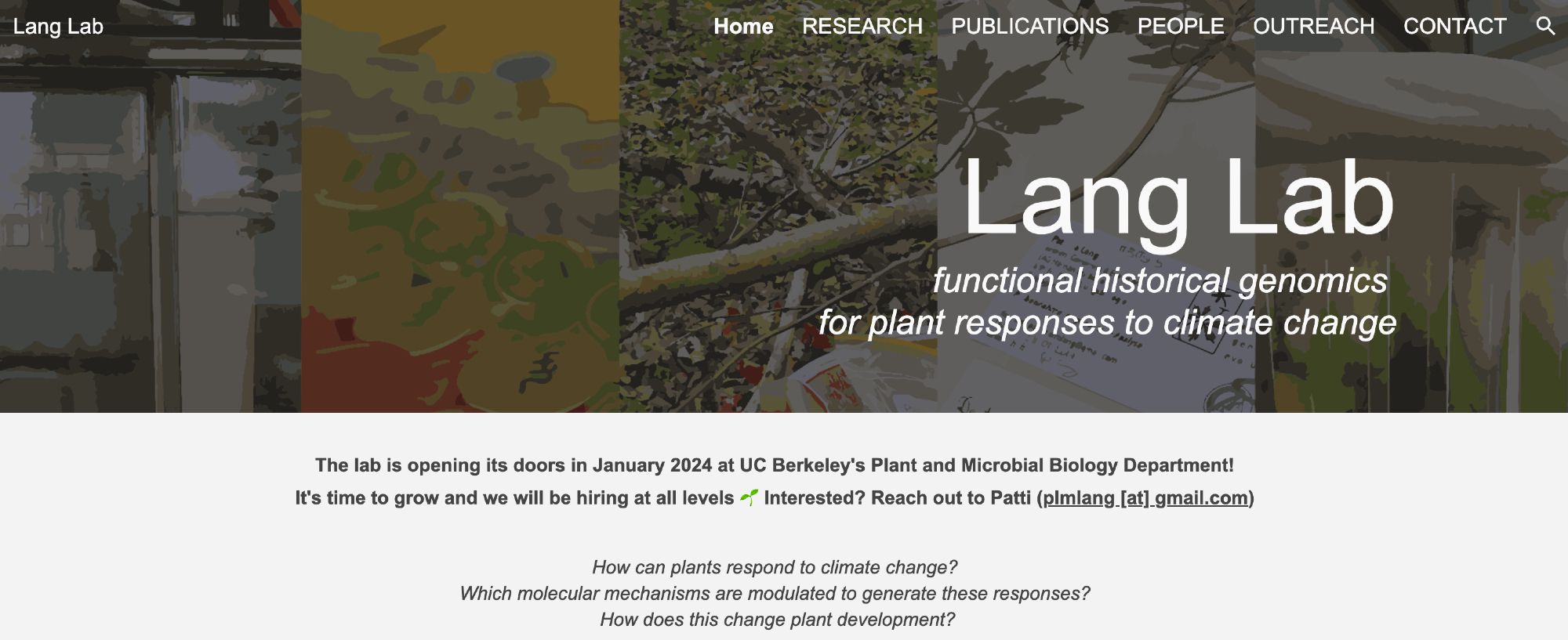 Screenshot of lab webpage as linked in post, with header reading 'Lang Lab - functional historical genomics for plant responses to climate change'