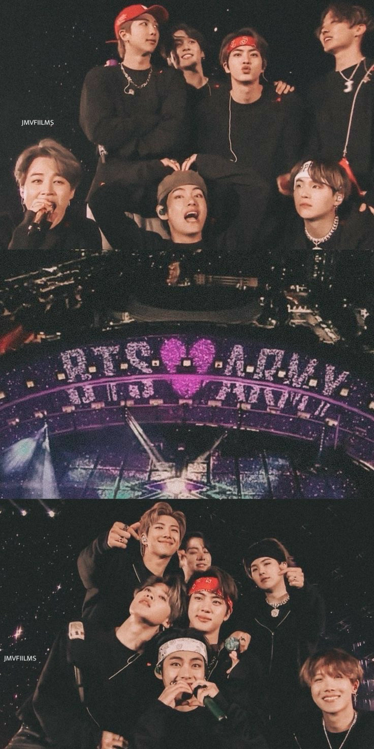 Edit with three pictures from a BTS concert - two showing the members making hearts and one showing the stadium with BTS (heart) ARMY written with light sticks.