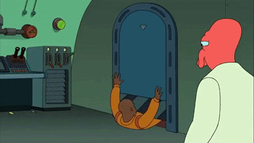 A gif of Barbados Slim from Futurama being crushed by a door, from the same scene as the above meme