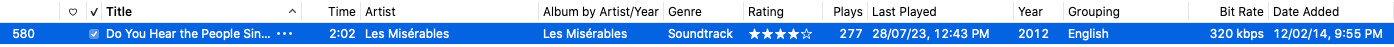 A screenshot from iTunes, showing the song "Do You Hear The People Sing?" from Les Misérables. Reading the table in the screenshot, you can see that I have listened to it 277 times.