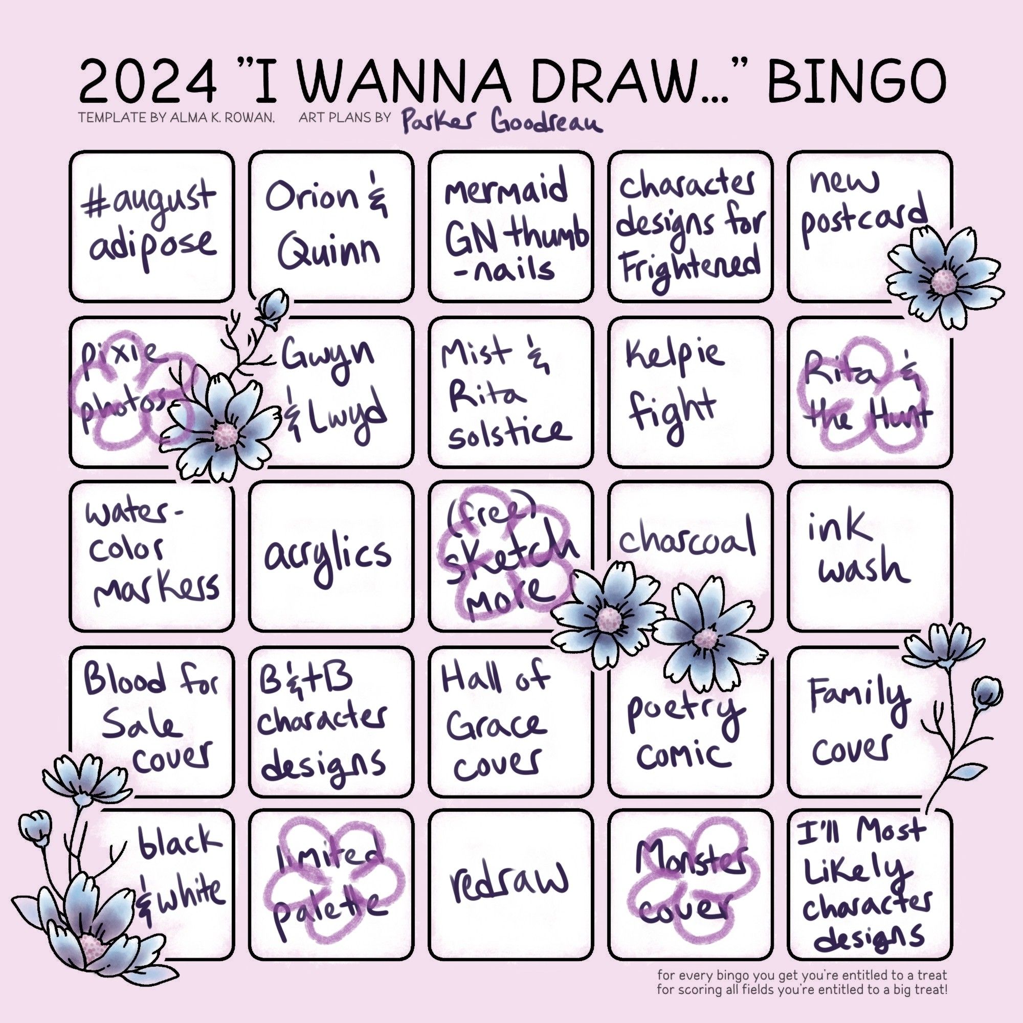 [text: "2024 'I wanna draw...' bingo.]
[image: a digital bingo card with 25 hand-written art prompts. 5 of the prompts are marked off.]