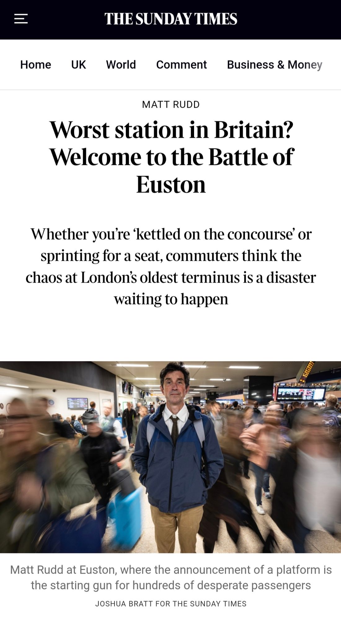 Screenshot from The Sunday Times reading "The Worst Station in Britain? Welcome to the Battle of Euston"