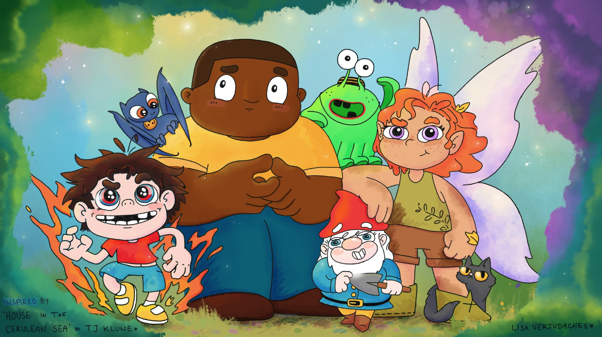 seven characters stand together in a dreamy fairytale-like setting. from left to right we have: a caucasian boy in blue shorts and a red t-shirt, stomping his foot, emitting flames. then we have a little blue dragon-like creature holding a brass button in his mouth. the dragon creature is sat on the shoulder of a large older looking boy who is quite shy. he is wearing a yellow shirt and blue pants and has dark skin. on the boys other shoulder is a green tentacled monster with red lips and elevated eyes like a snail. the monster is also resting on the shoulder of an orange haired girl with fairy wings. she is tanned and has patches of mud and leaves on her shirt and skin. her arm is resting on the hat of a garden gnome, who is holding a garden shovel with an air of menace. lastly a charcoal coloured cat is weaving around the fairy's leg.