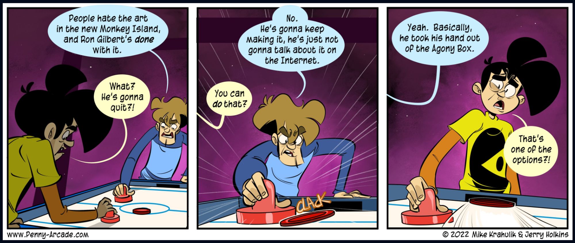 Penny Arcade comic from July 1, 2022, titled "Gom Jabbar". Gabe and Tycho are playing air hockey while discussing how Ron Gilbert stopped responding to criticism while developing Return To Monkey Island.