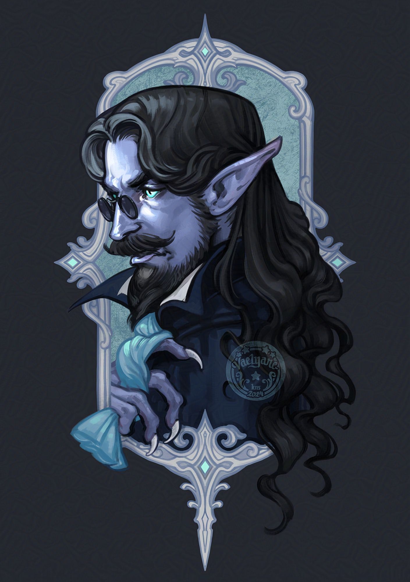 Digital portrait of a distinguished man with blue skin, pointed ears, long wavy black hair and sharp facial hair. His gaze is cold and stern.