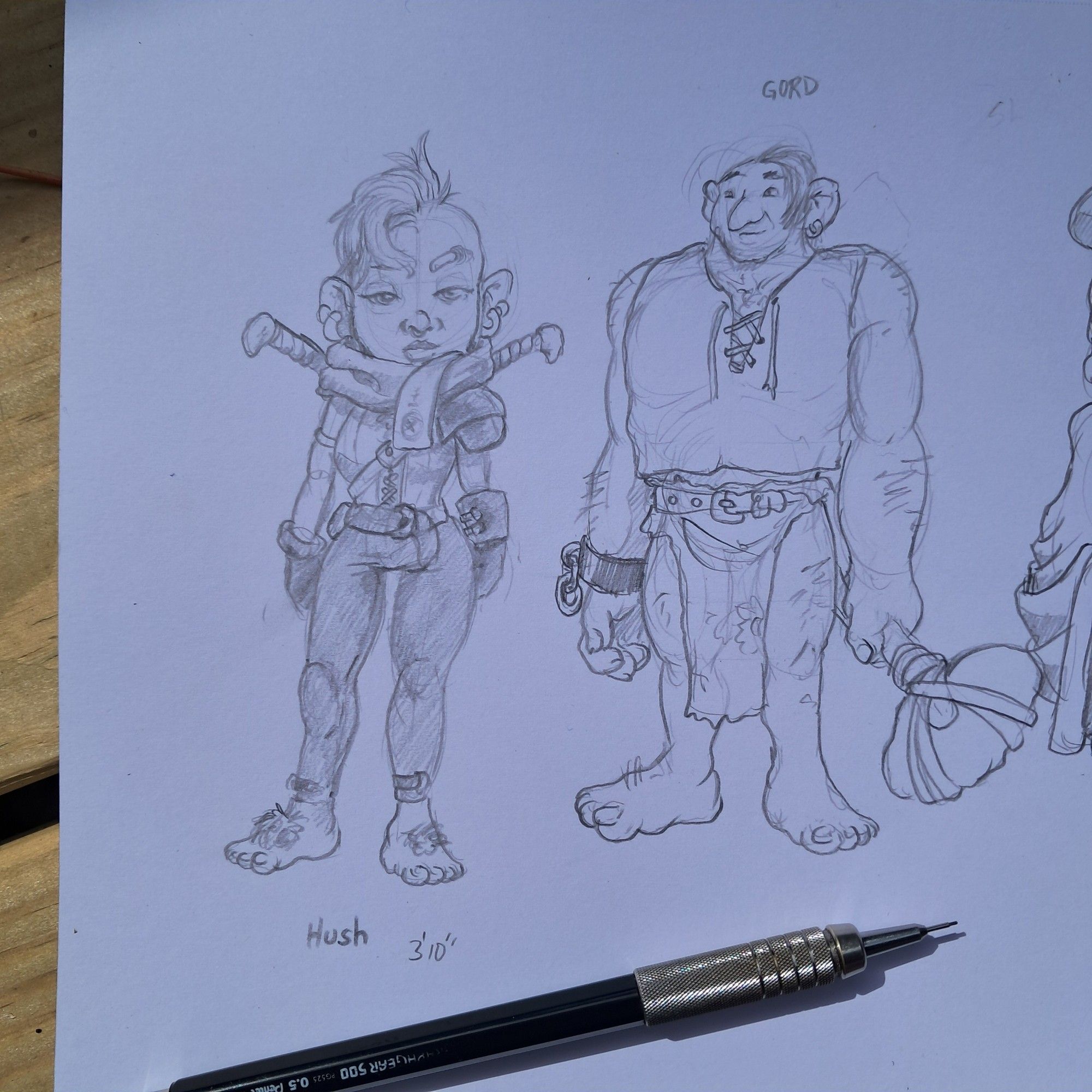 Pencil sketches of two D&D NPCs.
On the leftbis a skinny halfling female named Hush. She has multiple piercings and is dressed in leathers with bare hairy feet. She has a floppy mohawk and an expression of amused disdain. She has a large scarf around her neck that hides the rope scar around her neck. Her voice is ruined from the botched hanging so she almost never speaks. The scarf bears the symbol of the Ambrosius Copperbottom Magical Library 

The other figure is a large ogre named Gord. His upper toso is larger than his lower body and his arms reach to his knees. He has a floppy mowhawk of his own and wears an expression of amused stupidity. He carries a hammer made from a stone bound to a stick. He has the remains of a manacle on his right arm

Gord and Hush are inseparable companions. They watch out for each other to the death.