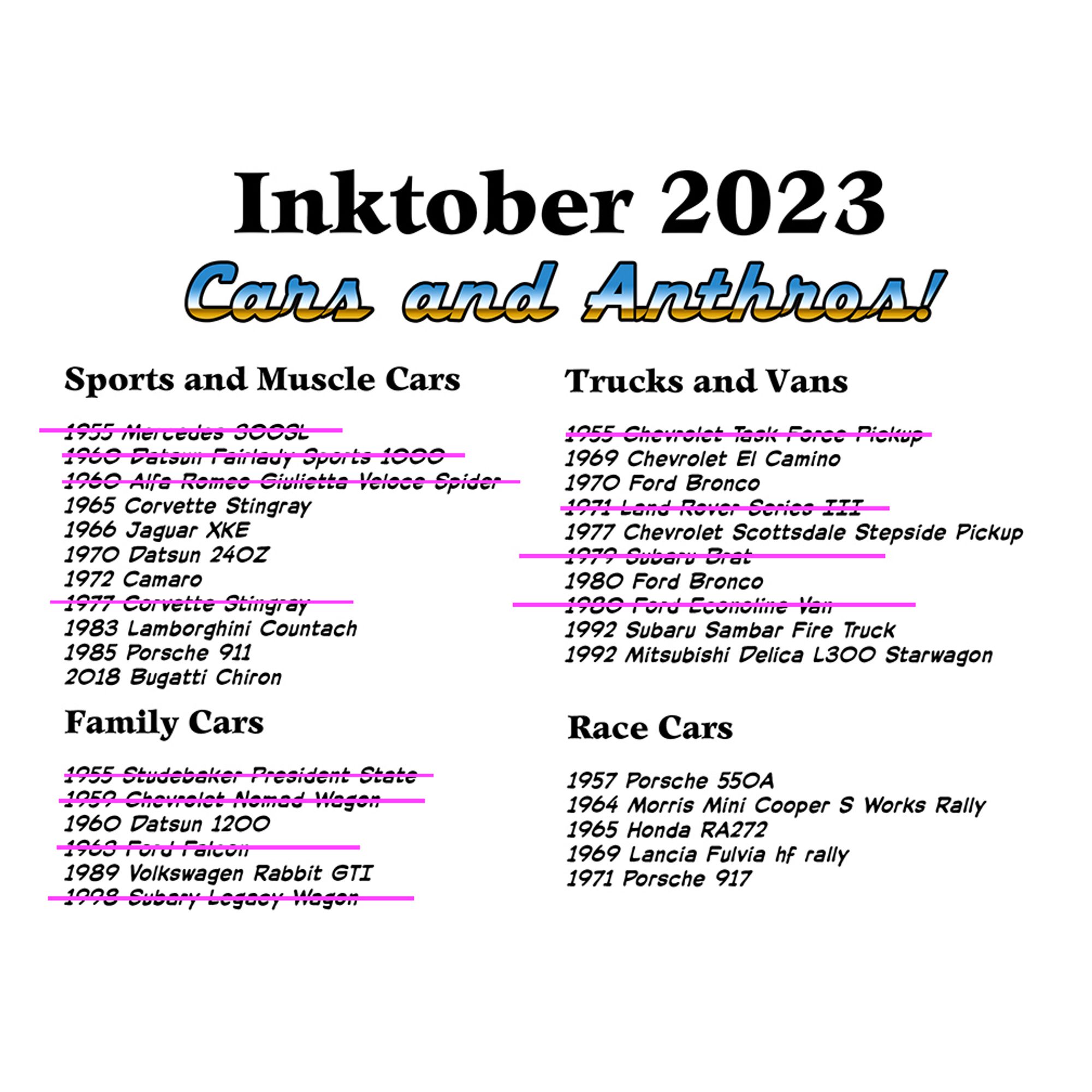 A list for Inktober prompts
INSTRUCTIONS: 
1) choose a car
2) Pick any anthro animal you want
3) Optional: Pick a situation (anthro bat in a brat in the desert)
4) Comment here or DM me

Text reads: Inktober 2023 Cars and Anthros
Sports and Muscle Cars
1965 Corvette Stingray, 1966 Jaguar, XKE, 1970 Datsun 240Z, 1972 Camaro, 1983 Lamborghini Countach, 1985 Porsche 911, 2018 Bugatti Chiron
Family Cars:
1960 Datsun 1200
1989 Volkswagon Rabbit GTI
Trucks and Vans:
1969 Chevrolet El Camino
1970 Ford Bronco
1971 Chevrolet Scottsdale Stepside Pickup
1980 Ford Bronco
1992 Subaru Sambar fire truck
1992 Mitsubishi Delica L300 Starwagon
Race Cars
1957 Porsche 550A
1964 Mini Cooper S Works Rally
1965 Honda RA272
1969 Lancia Fulvia HF Rally
1971 Porsche 917