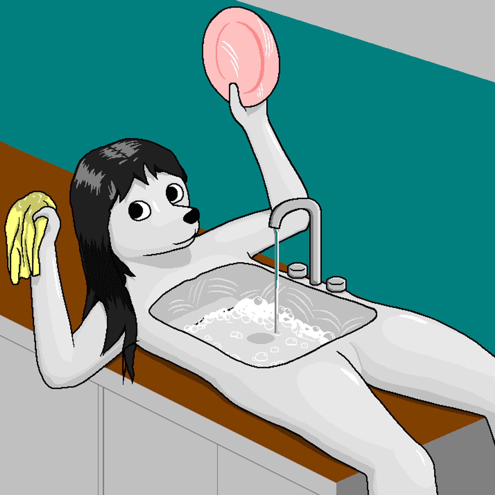 a dog who is a sink. it has long black hair and a sink in its torso. it holds a yellow rag and a pink plate in its hands