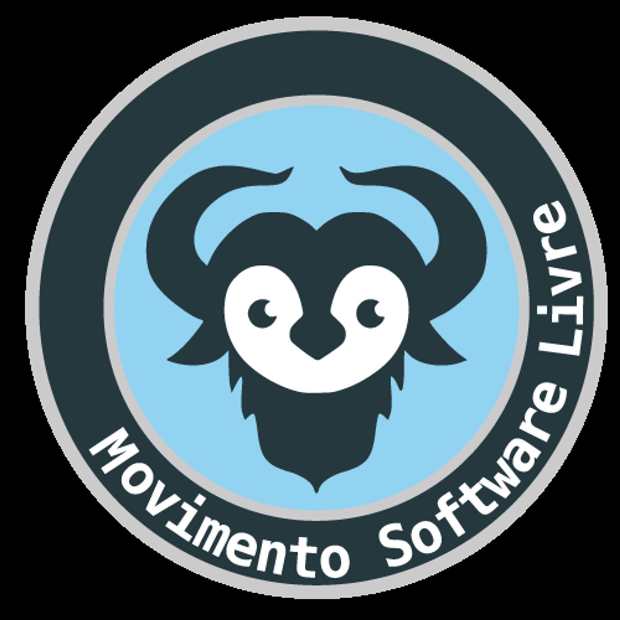 Logo do Movimento Software Livre, com a figura cartunesca de um gnu dentro de um círculo e o nome Movimento Software Livre circundando as bordas