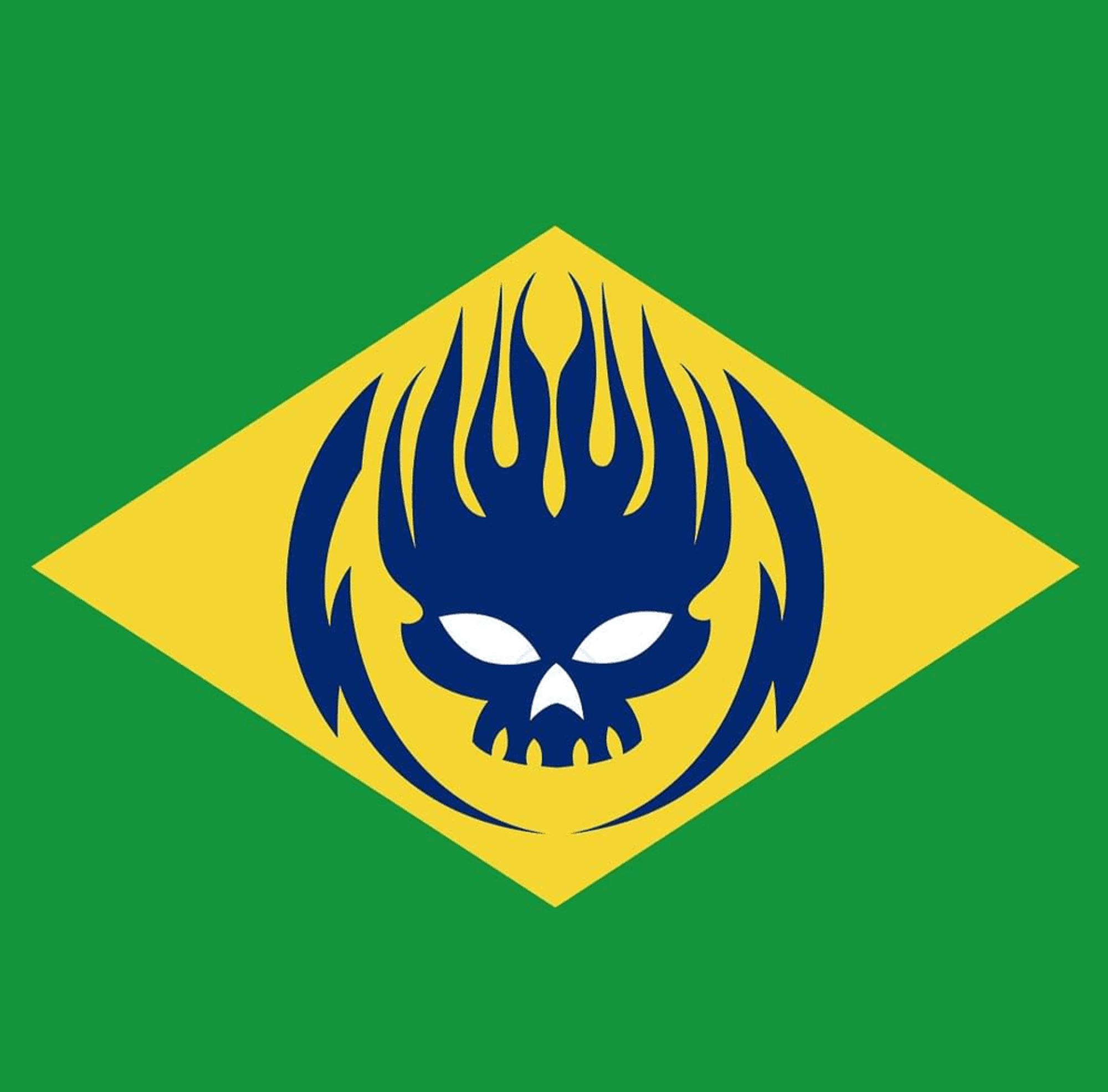 Capa do single "Come To Brazil", da Banda The Offspring. É como a bandeira do Brasil, mas com a uma caveira azul flamejante no lugar do círculo: Quadrado verde, com um losango amarelo e uma caveira flamejante azul dentro dele.