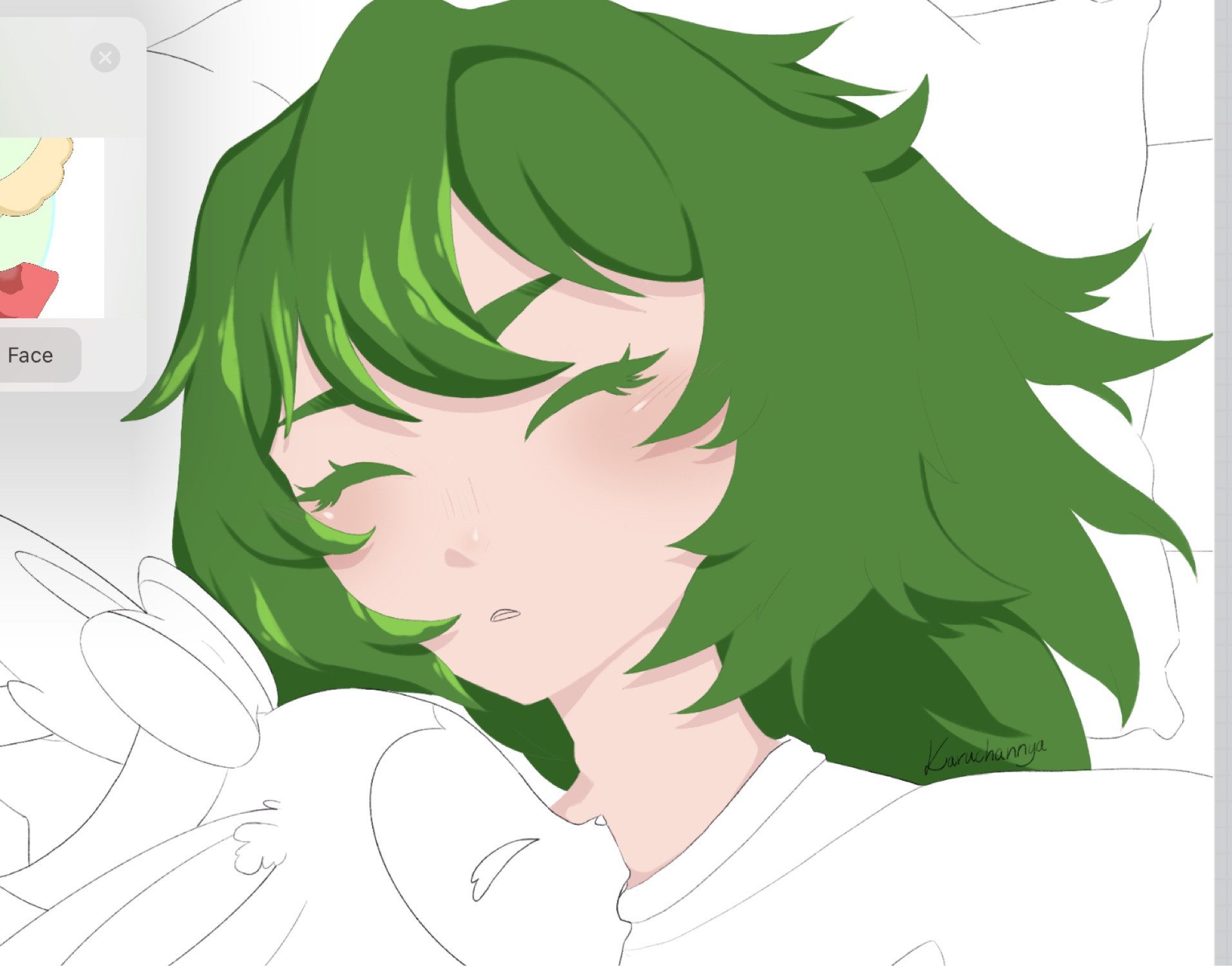 I’m shading a drawing I made just yesterday. A long green haired girl sleeping with her Pokémon, and I’m using a technique I never used before. My lineart almost seems non-existent next to my colors