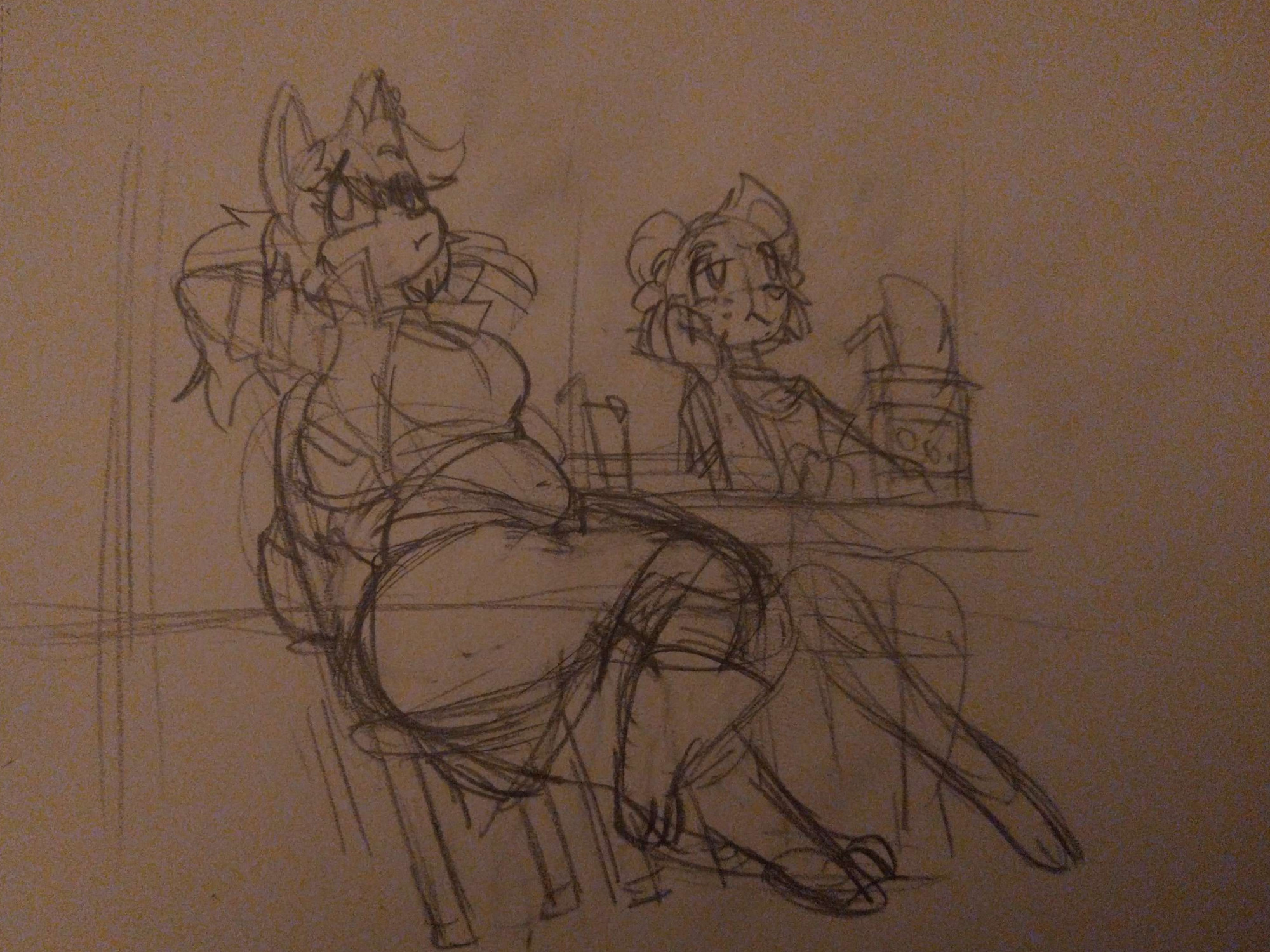 Rough sketch of Sam and Cookie sitting at a table.  Both are staring off into the distance as if lost in thought.