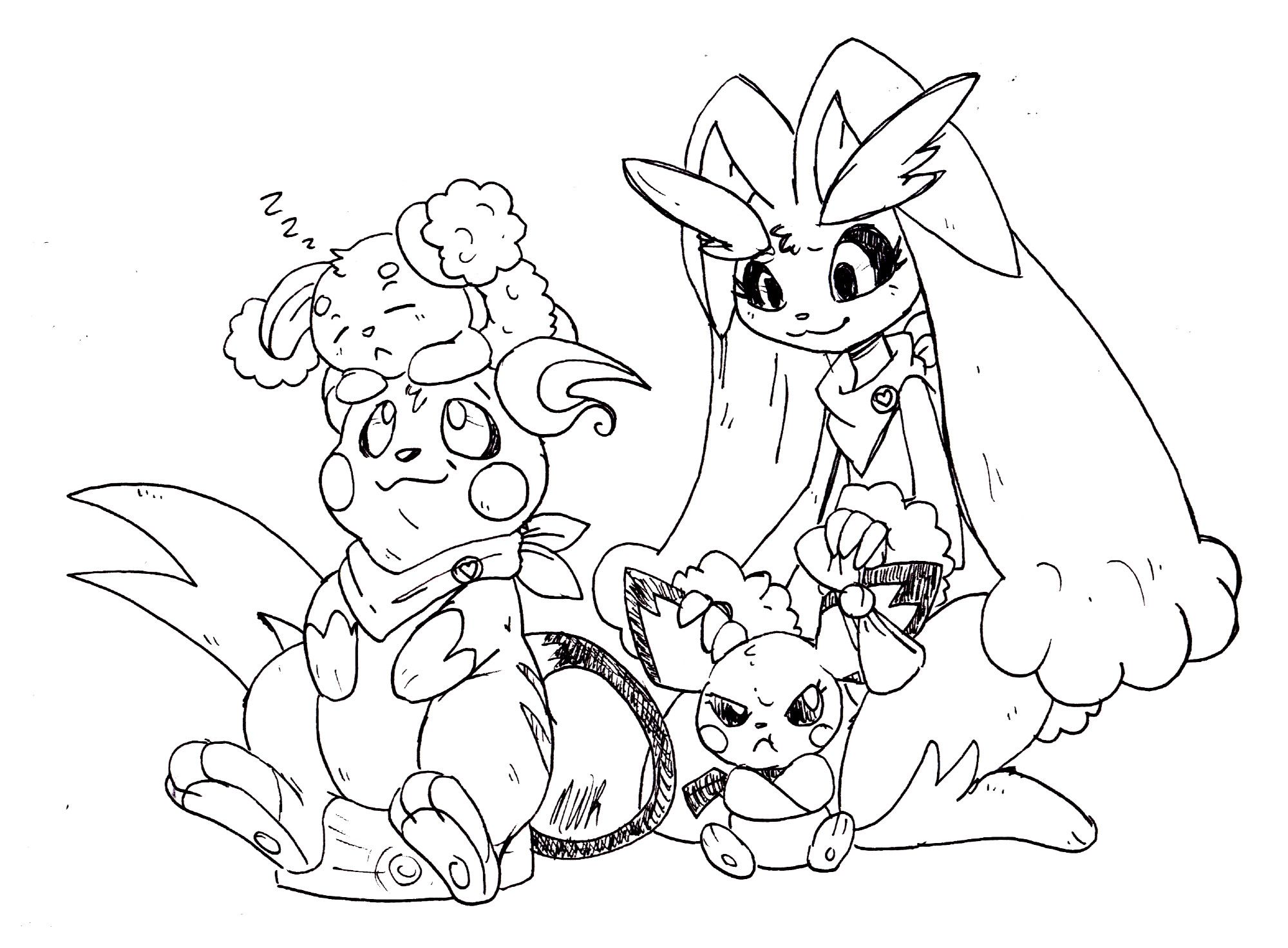 A family of Pokemon, consisting of a Raichu, Lopunny, Buneary, and Pichu.