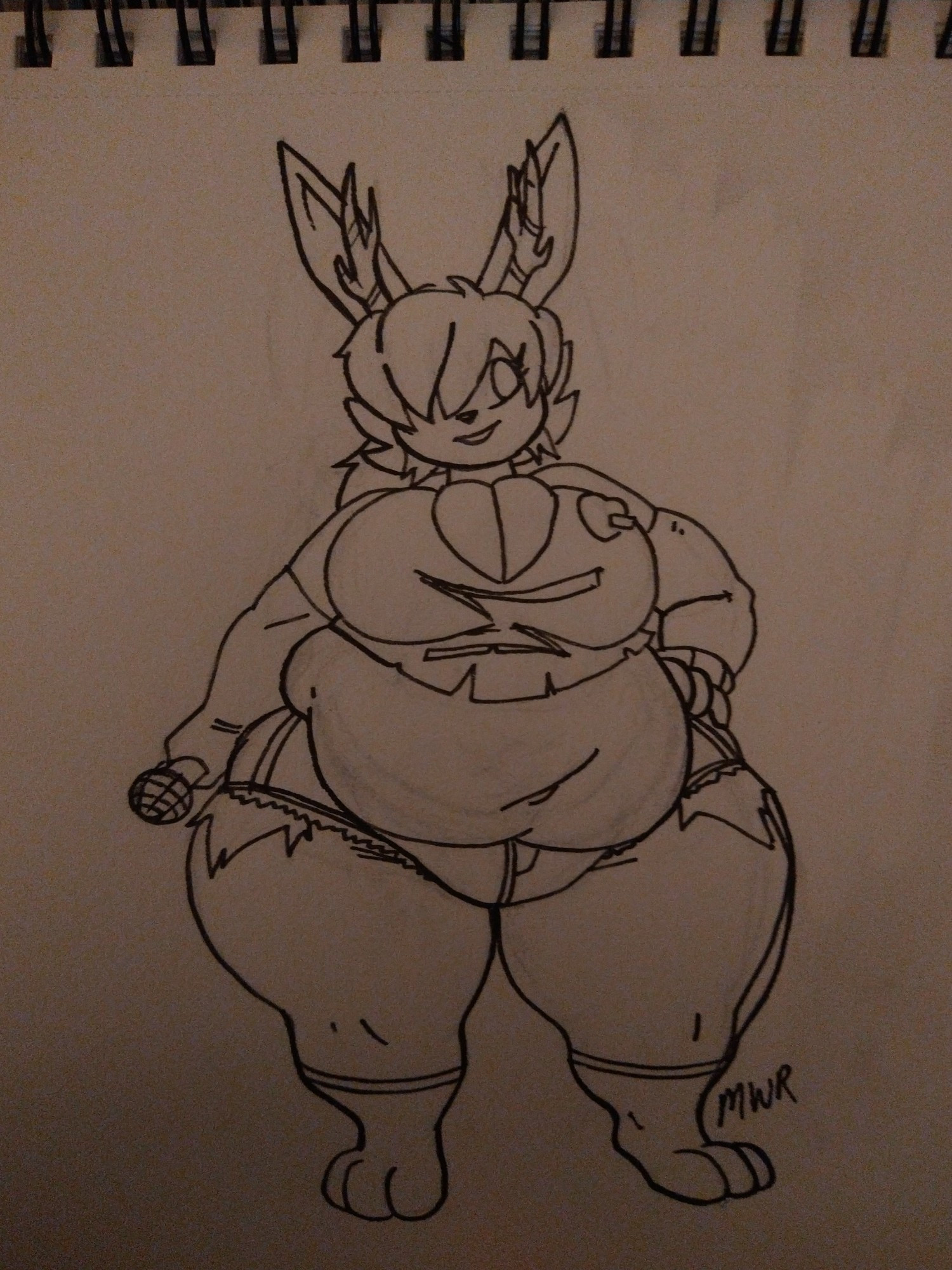 Sketch of an overweight Jackalope lady in torn up clothes and a microphone