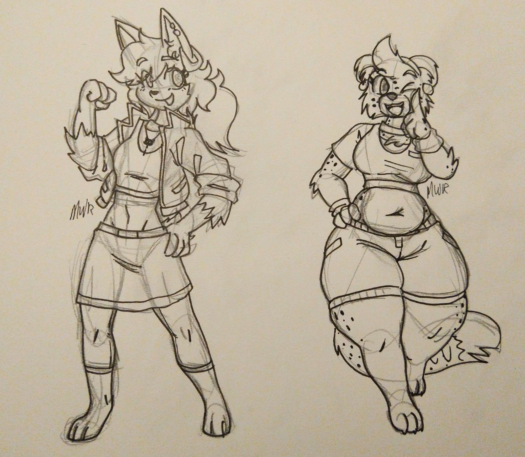 Rough sketch of Sam and Cookie with swapped body types- Sam being tall and lithe and Cookie being slightly shorter and thicc.