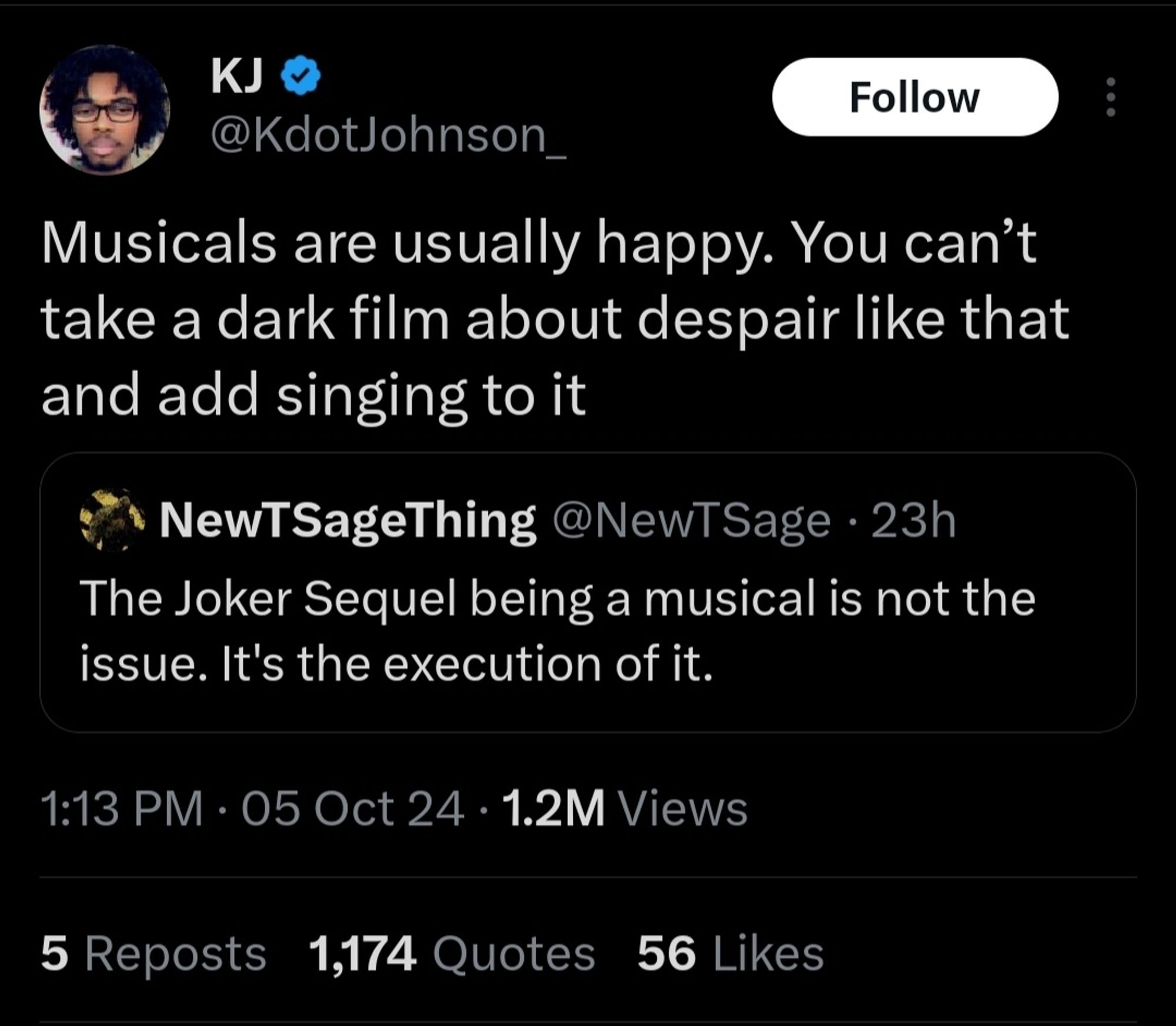 Tweet about the Joker sequel saying that musicals are usually happy, you can't take a dark film about despair like that and add singing to it