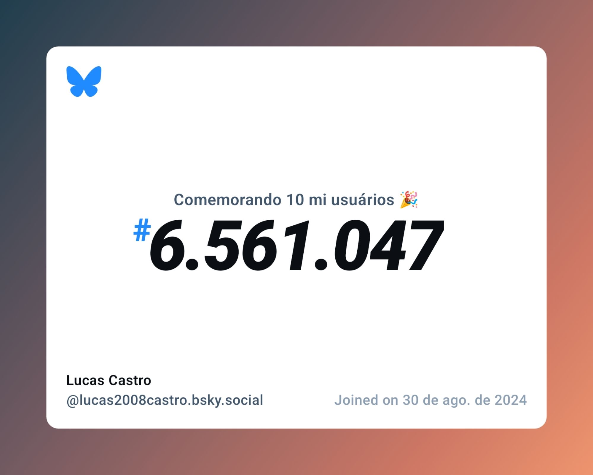 Um certificado virtual com o texto "Comemorando 10 milhões de usuários no Bluesky, #6.561.047, Lucas Castro ‪@lucas2008castro.bsky.social‬, ingressou em 30 de ago. de 2024"