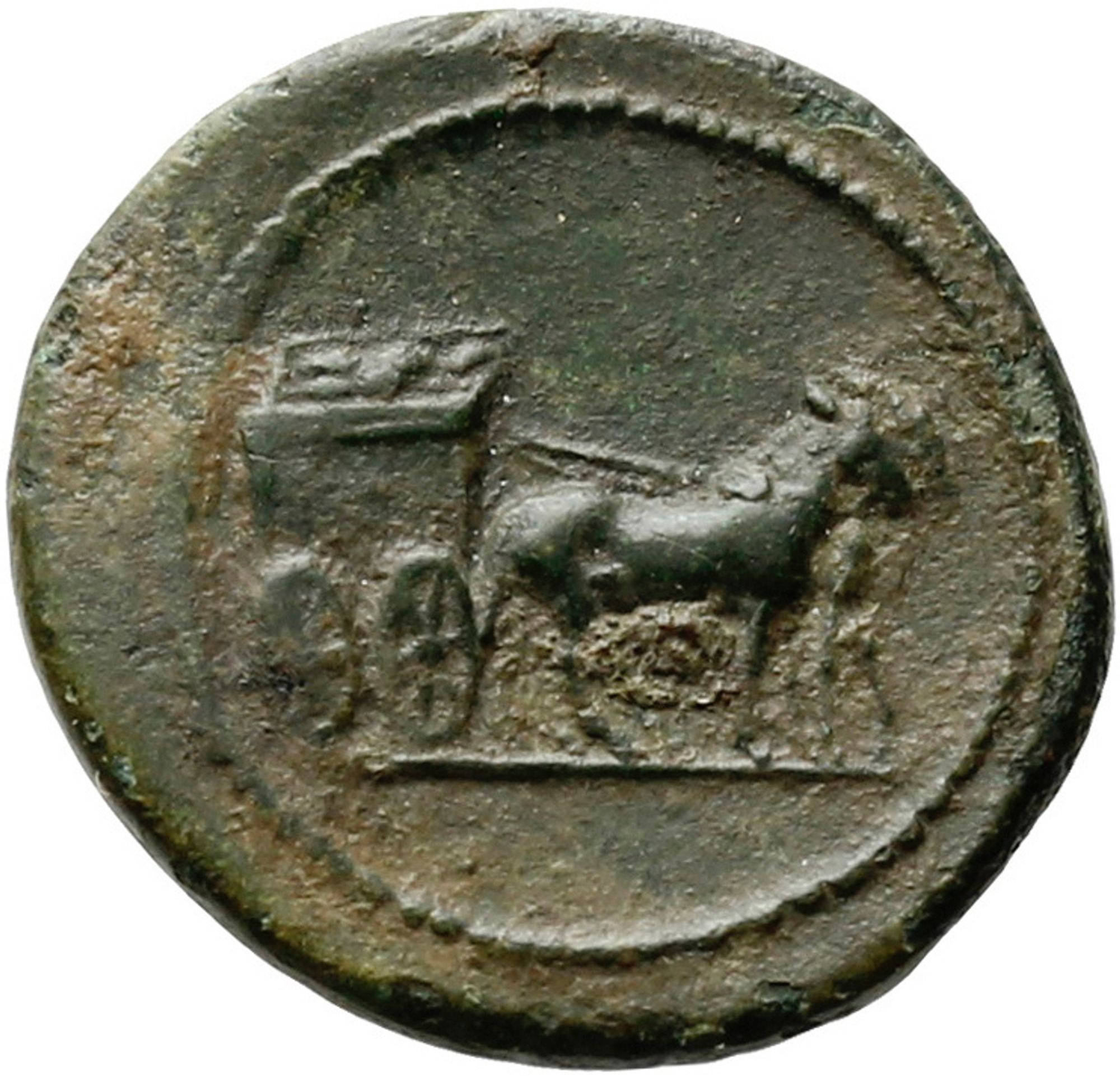 Bronze token showing two mules pulling a wagon with two wheels showing and some objects atop the wagon.