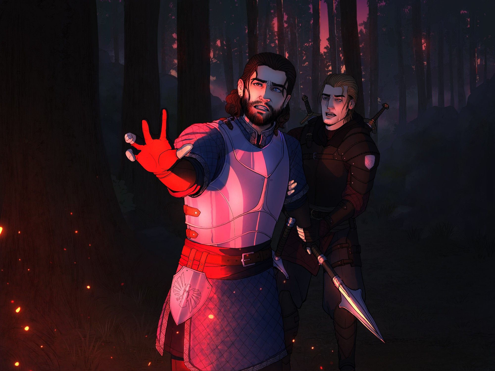 Sunset forest, two figures in armor, one with his hand outstretched towards the foreground. A red fire glow illuminates them 