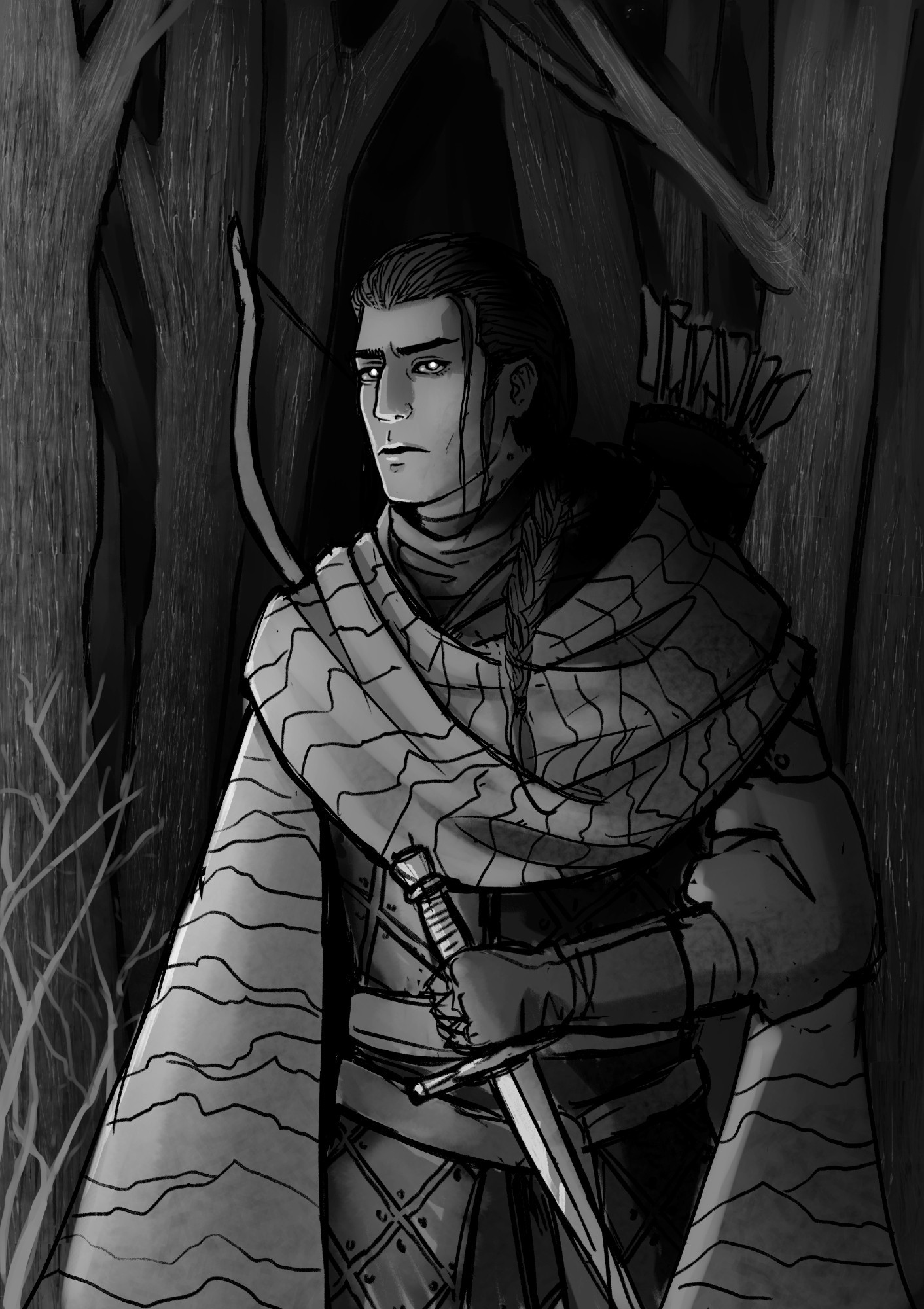 Black and white image of a medieval hunter in the woods holding a knife