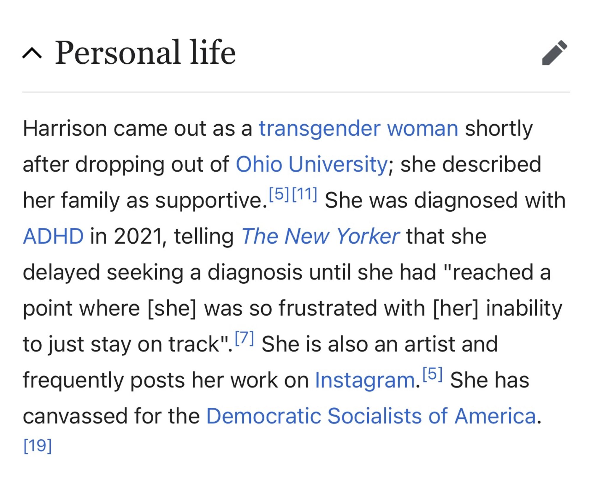 Screenshot of the “Personal Life” section of Patti Harrison’s Wikipedia page which reads: “Harrison came out as a transgender woman shortly after dropping out of Ohio University; she described her family as supportive.”