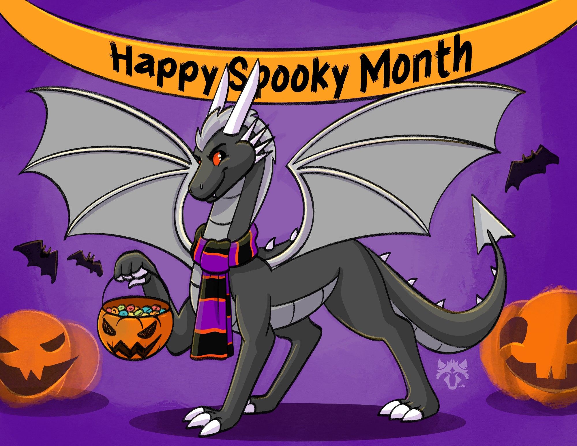 A grey coloured Dragon with orange eyes and large fangs holding a pumpkin filled with Froot Loops with halloween pumpkins around him