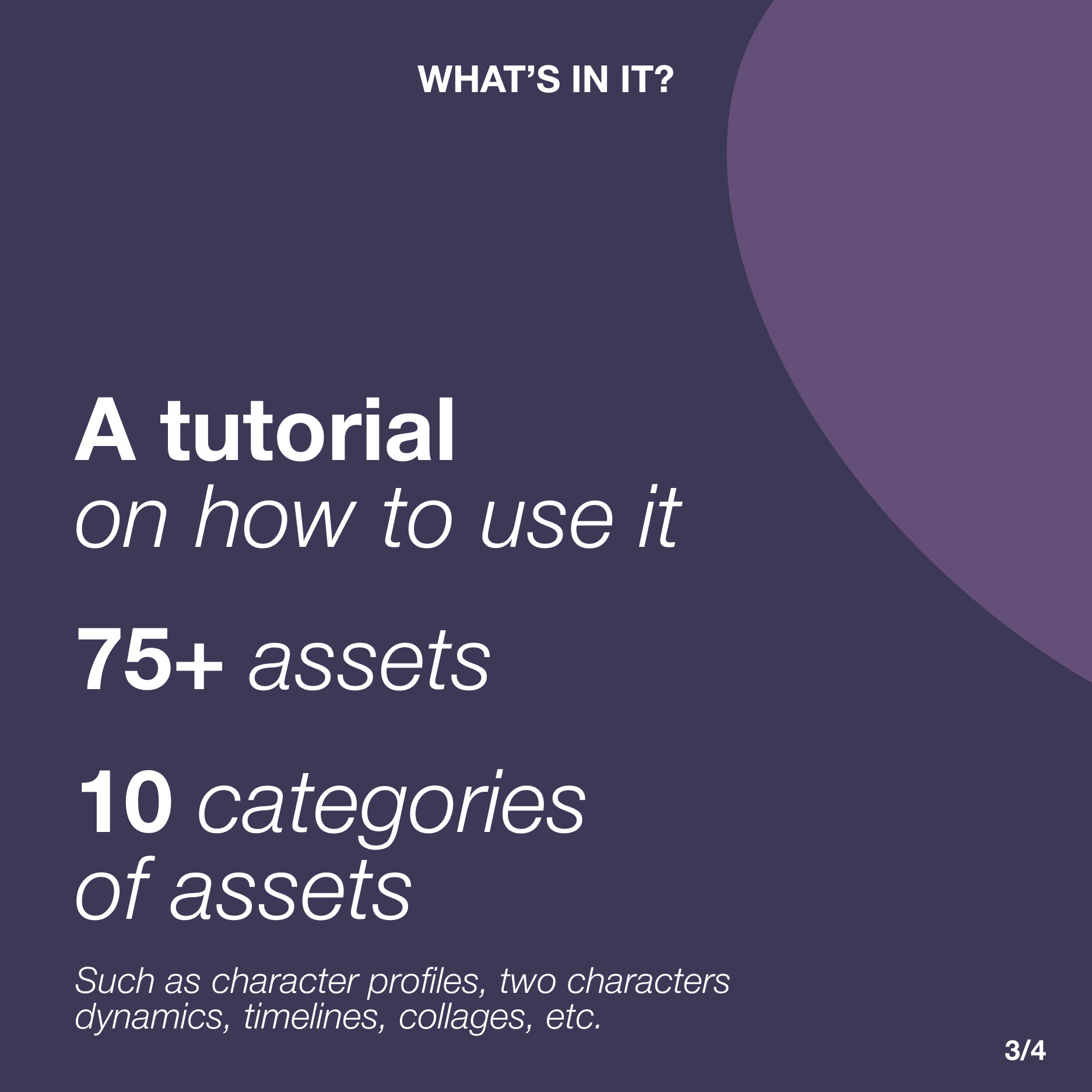 A square picture, 3nd of 4 in the post. The headline is ‘What’s in it?’. The text below states: ‘A tutorial on how to use it; 75+ assets; 10 categories of assets’. The categories are specified in a smaller text: ‘Such as character profiles, two characters dynamics, timelines, collages, etc.’