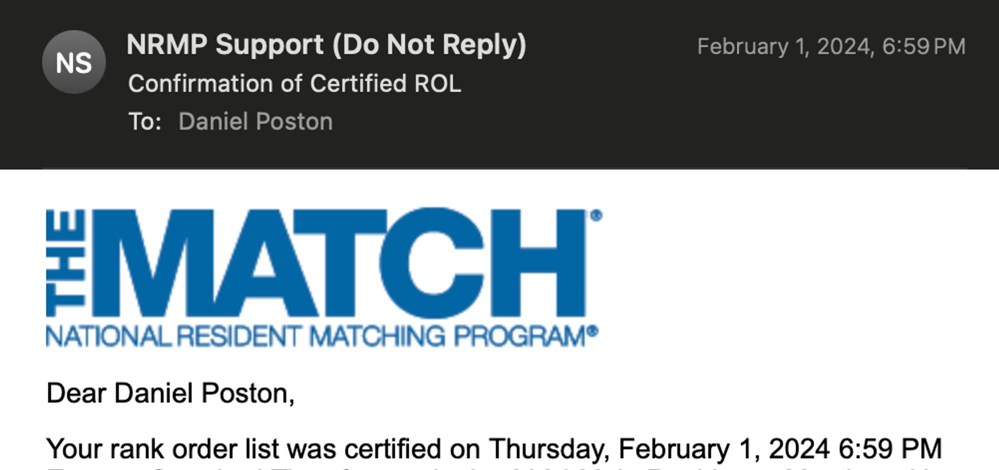 email confirmation of certified rank order list for Match 2024.