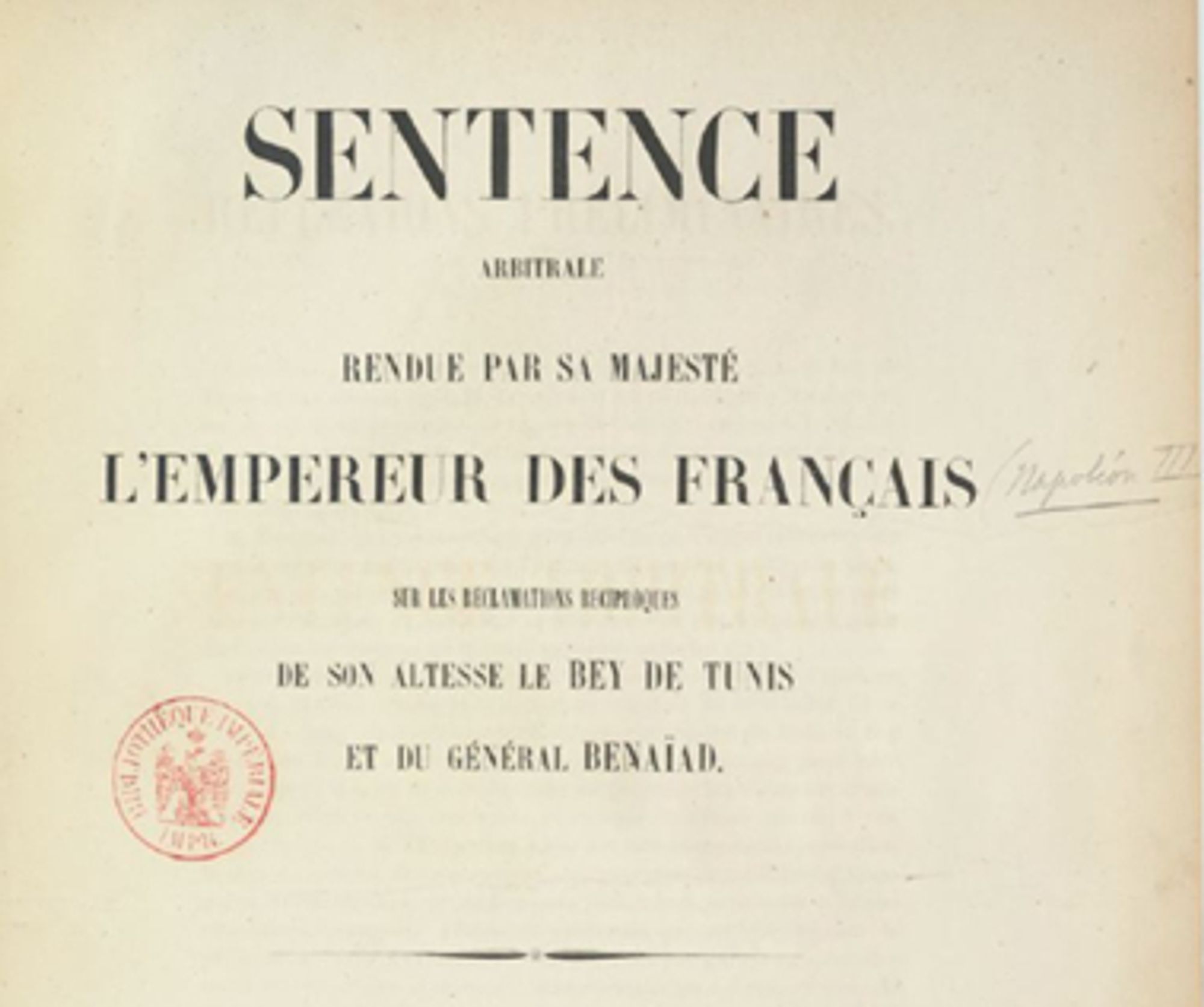 Cover page of sentence of long-running embezzlement case involving Ben Ayad and the Bey of Tunis