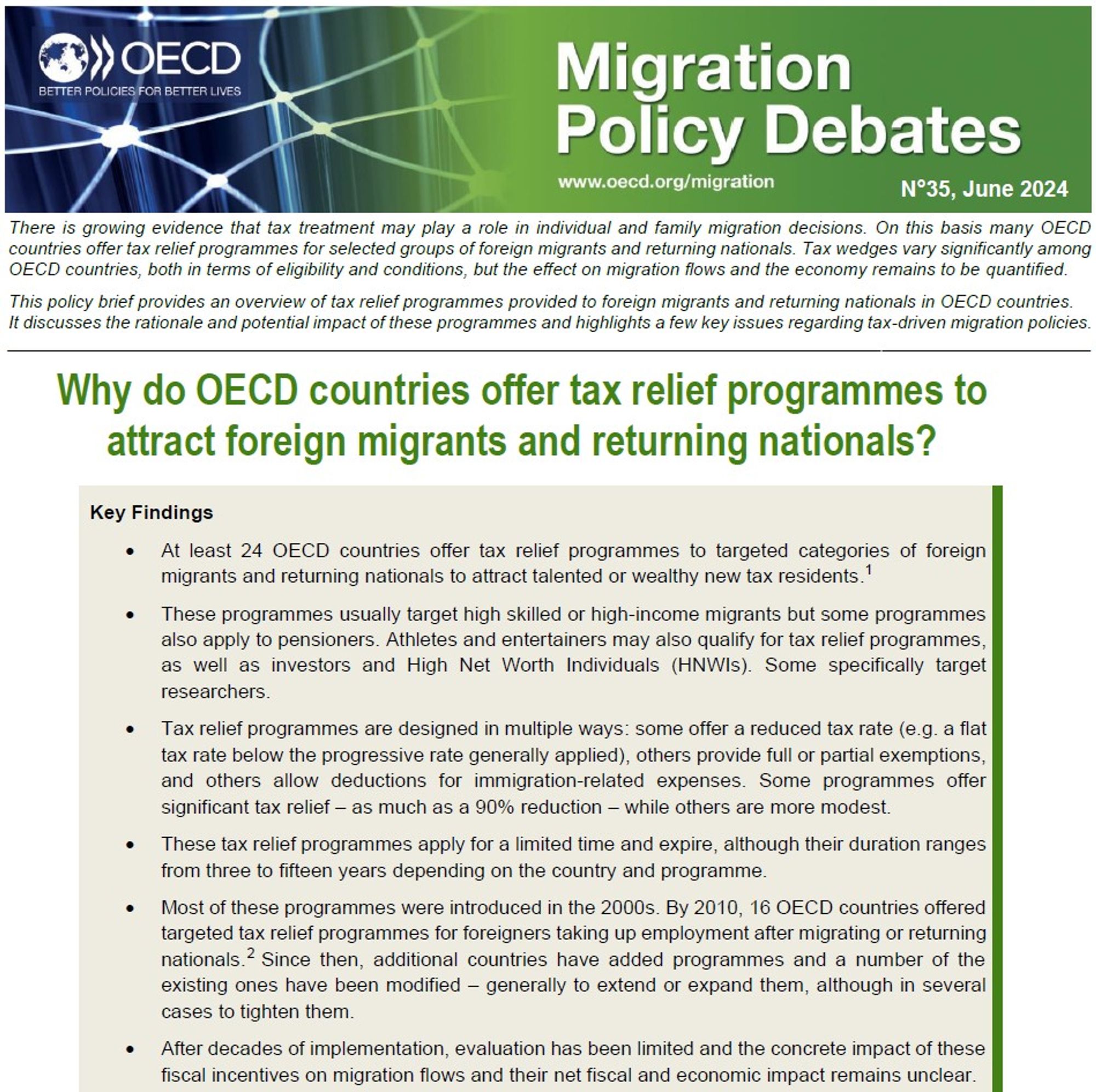 Screenshot of the first page of OECD Migration Policy Debate No. 35 "Why do OECD countries offer tax relief programmes to attract foreign migrants and returning nationals?”