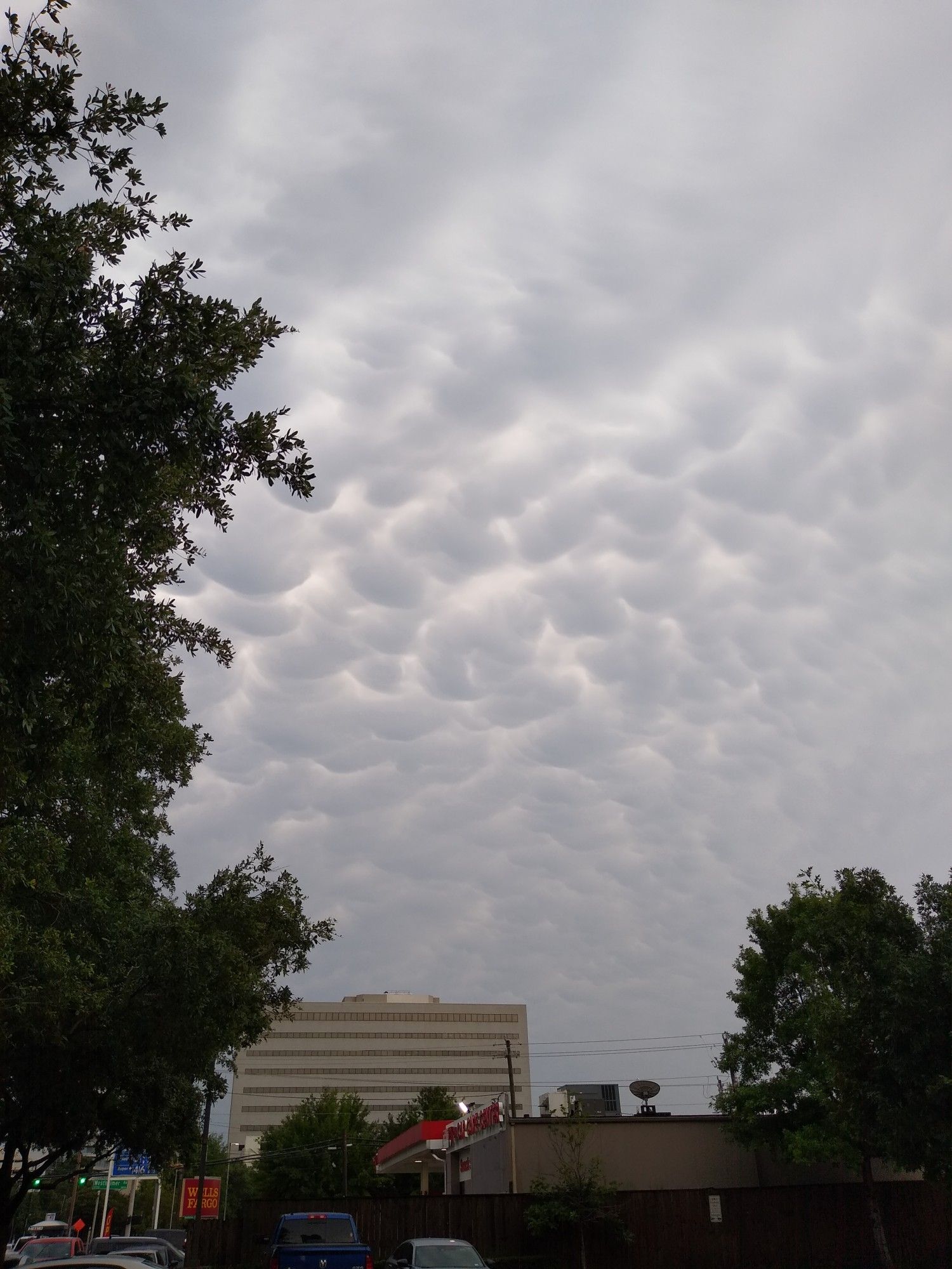 A photograph showing mammatus cloud formations over Houston, TX following the May 2024 derecho.