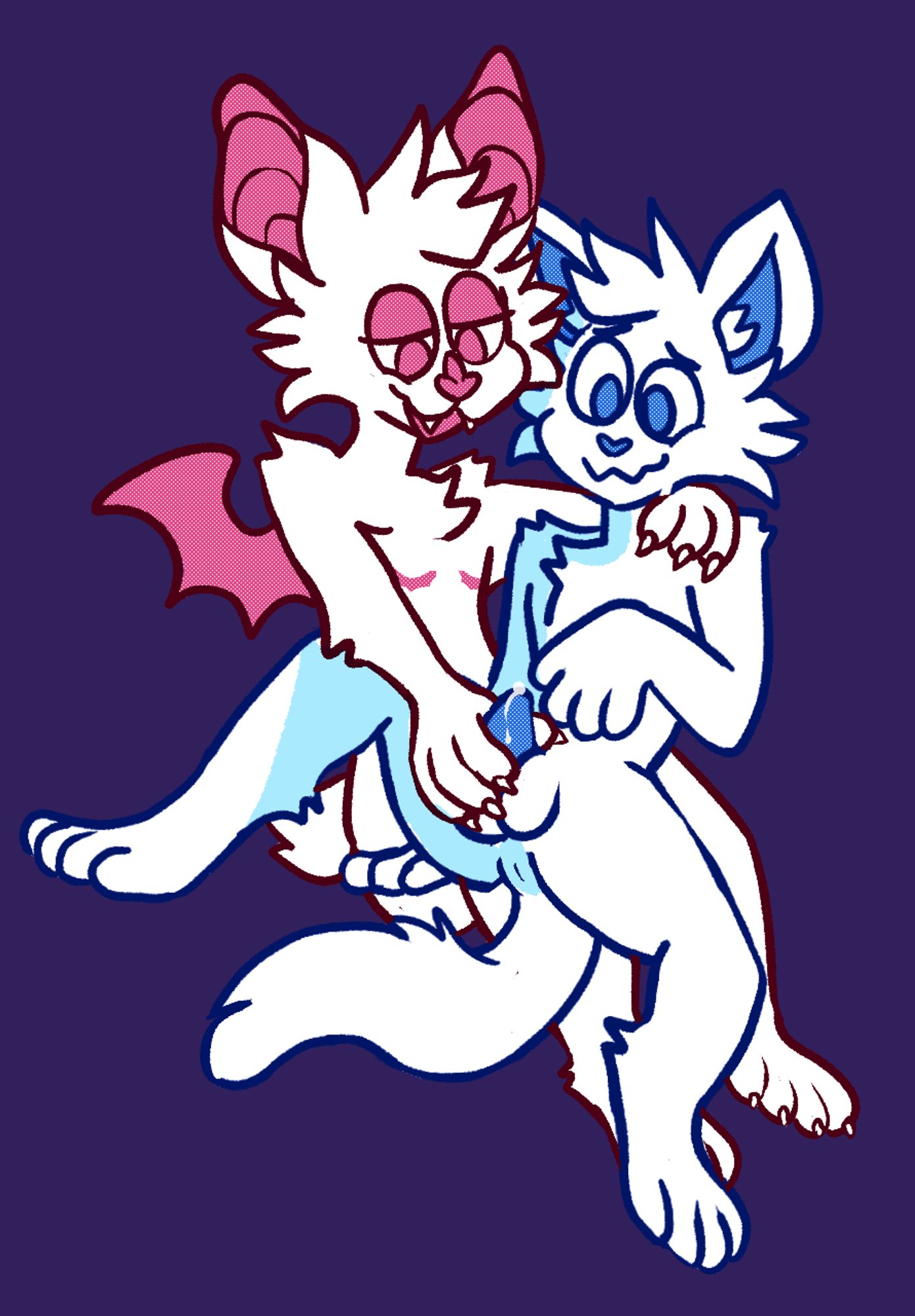 Example sketch of a transmasculine bat (Comet, he/they) stroking an AMAB feline character's dick