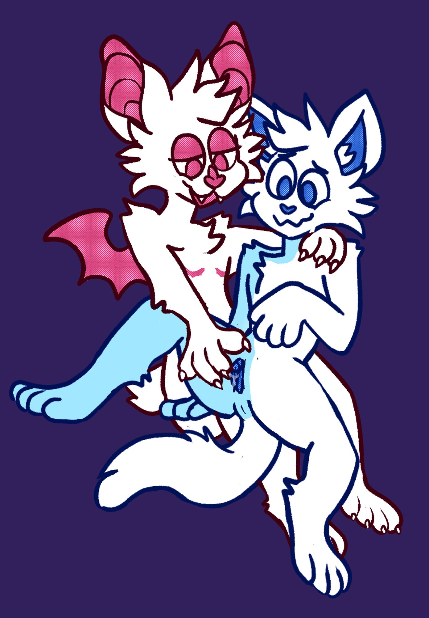 Example sketch of a transmasculine bat (Comet, he/they) stroking an AFAB feline character's pussy