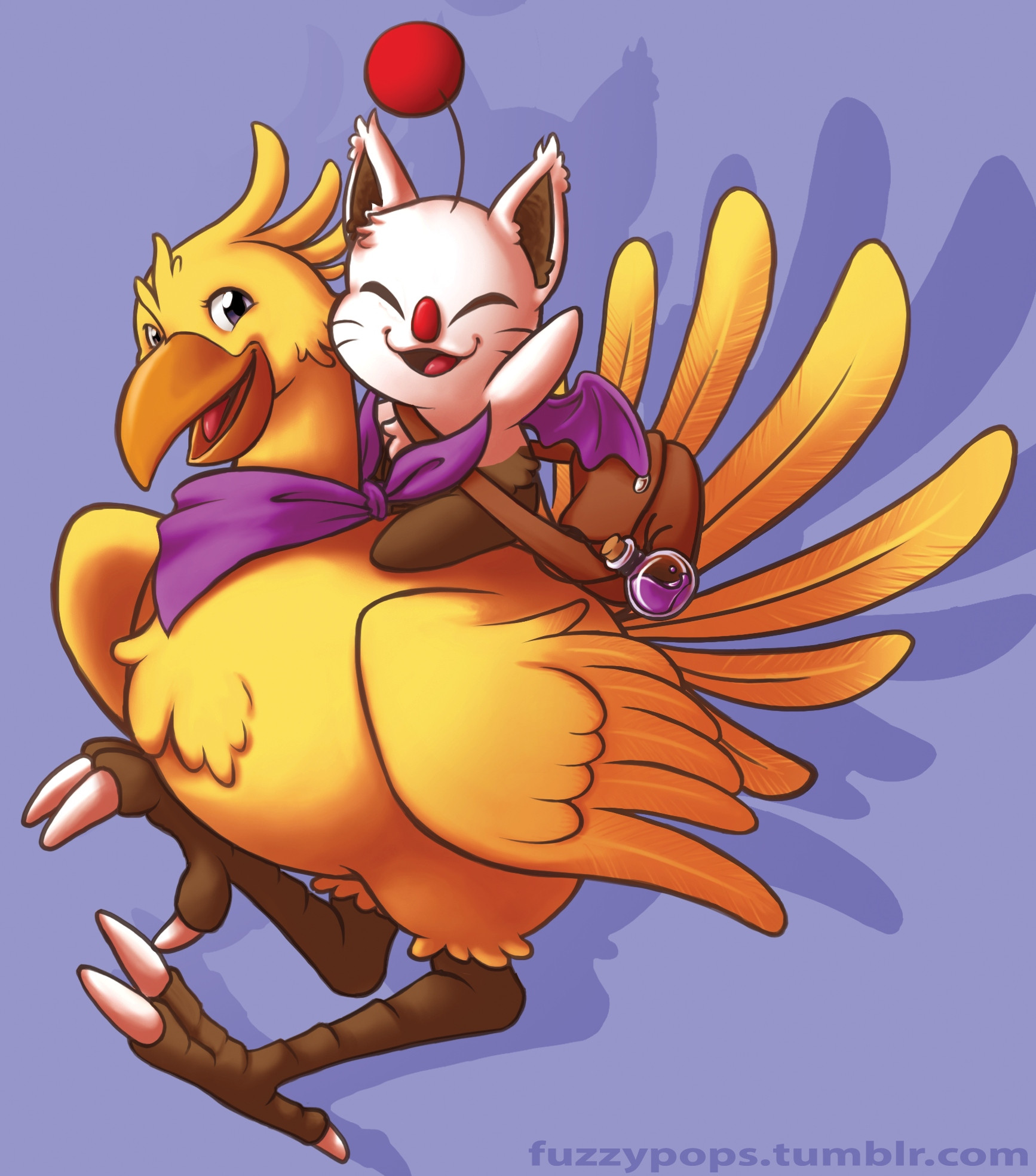 A moogle riding a chocobo