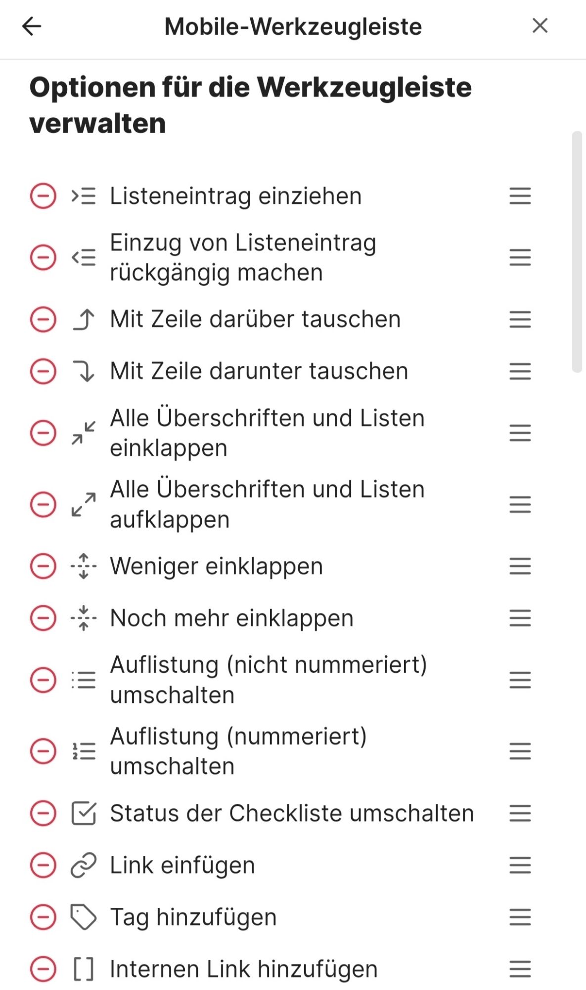 Menu bei Obsidian Mobile, um die Werkzeugleiste zu personalisieren, Liste möglicher Optionen, zB um Reihenfolge und Hierarchie der Beiträge zu verändern