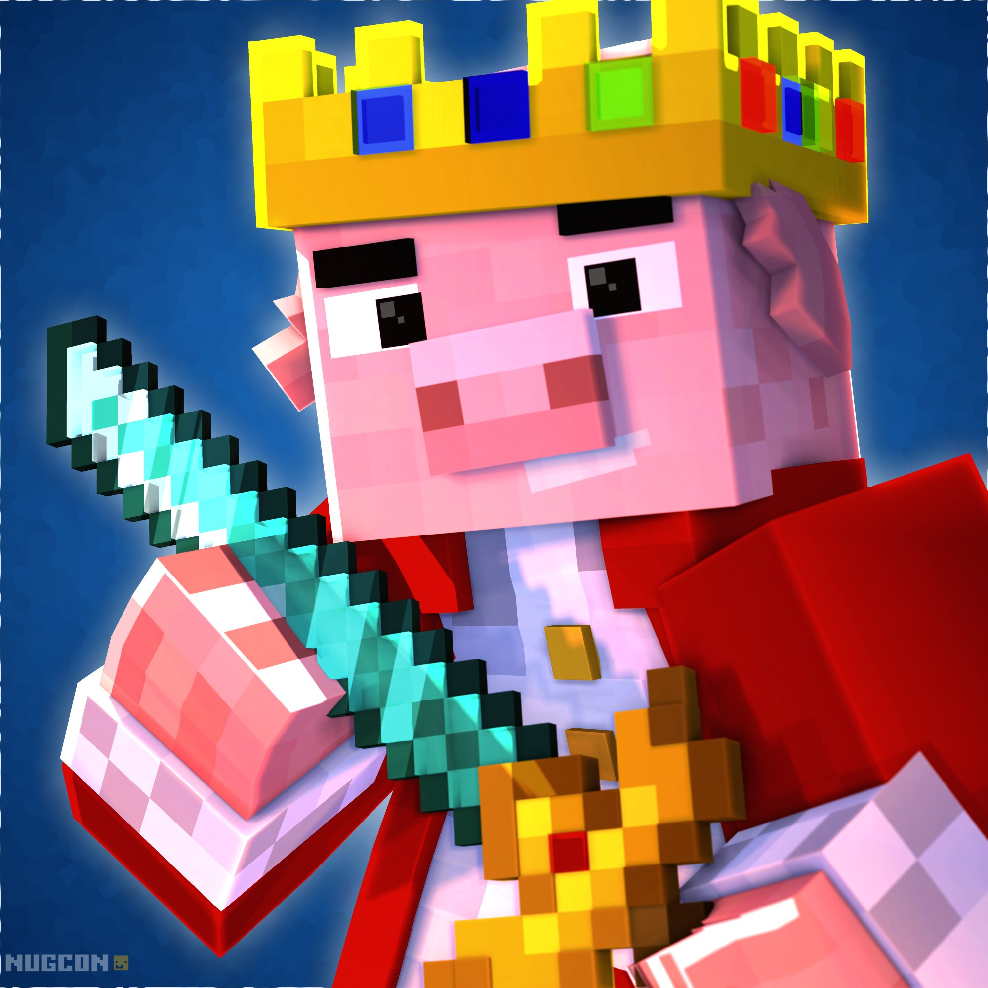 3D Minecraft Artwork freaturing Technoblade's pig character, holding a sword.