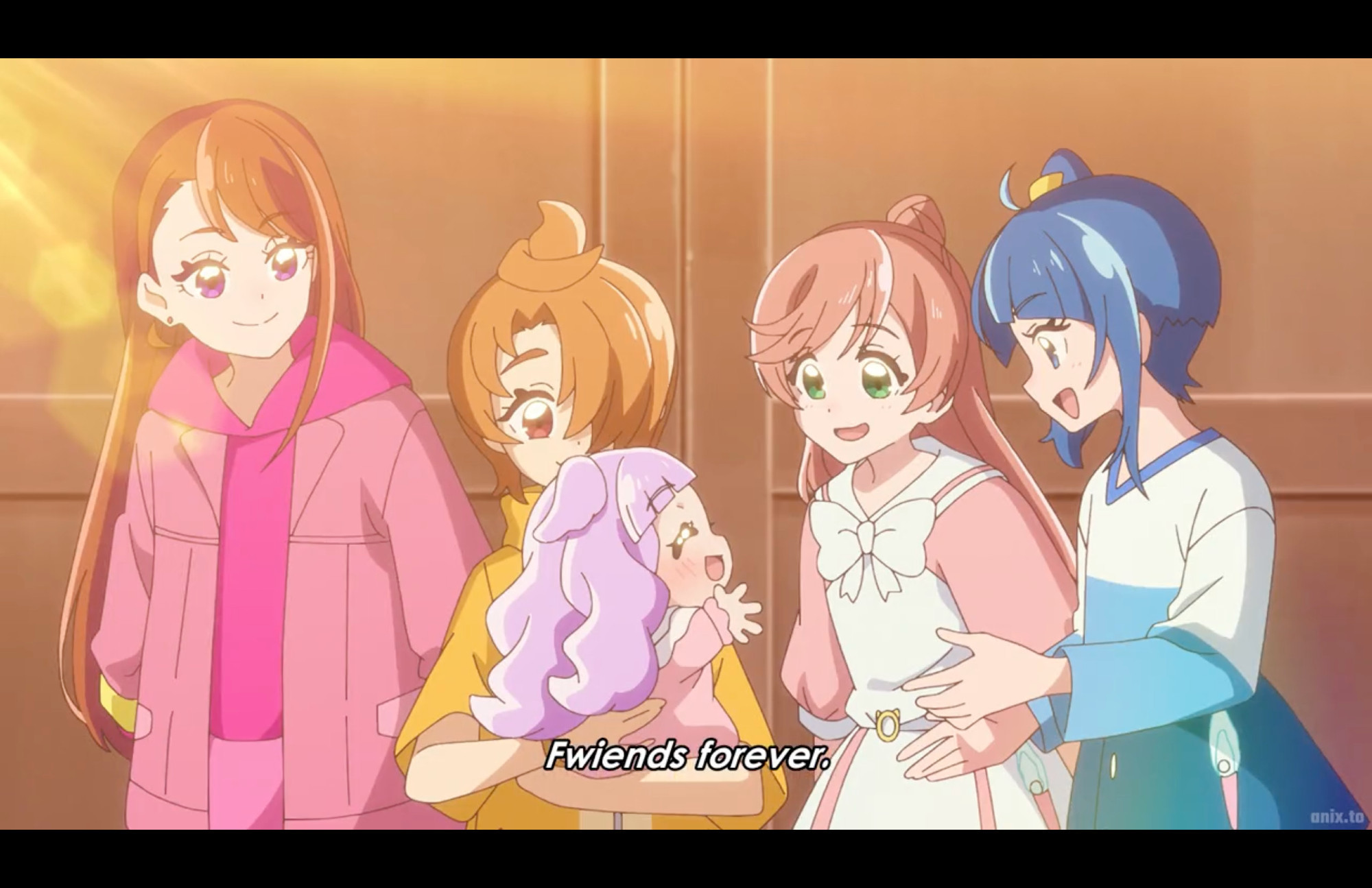 A screenshot from episode 40 of the anime Hirogaru Sky! Precure, with the core cast gathered and the subtitle 'Fwiends forever.'