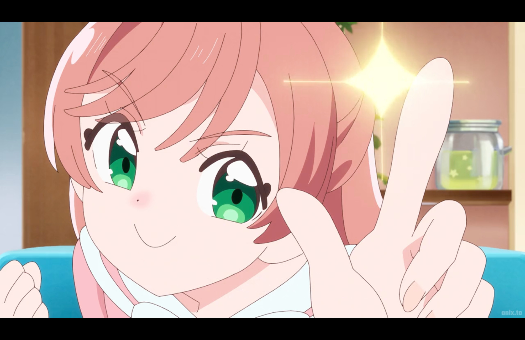 A screenshot from episode 41 of the anime Hirogaru Sky! Precure, with Mashiro smiling and holding up a shining finger.