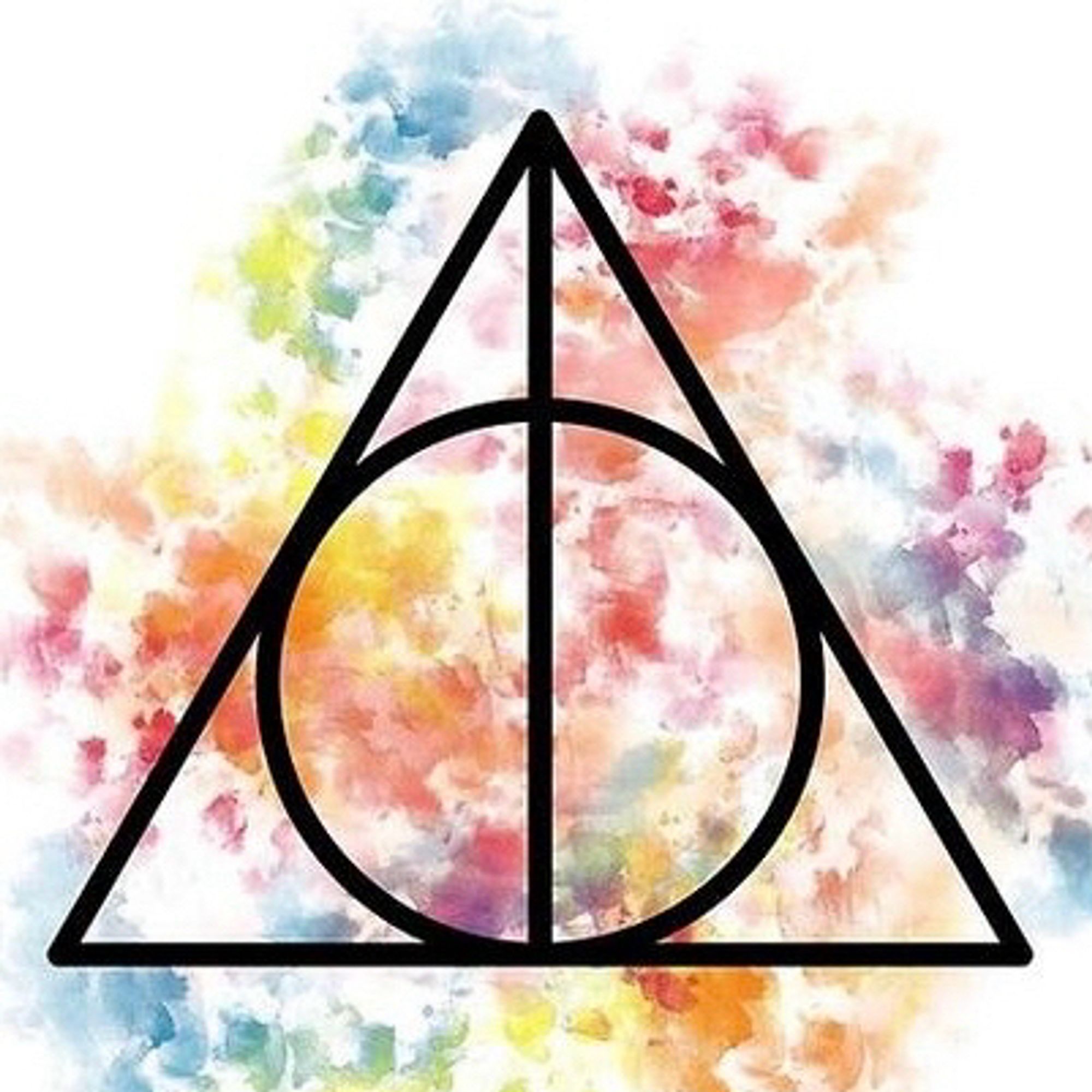 The deathly hallows symbol from Harry Potter with rainbow clouds behind it