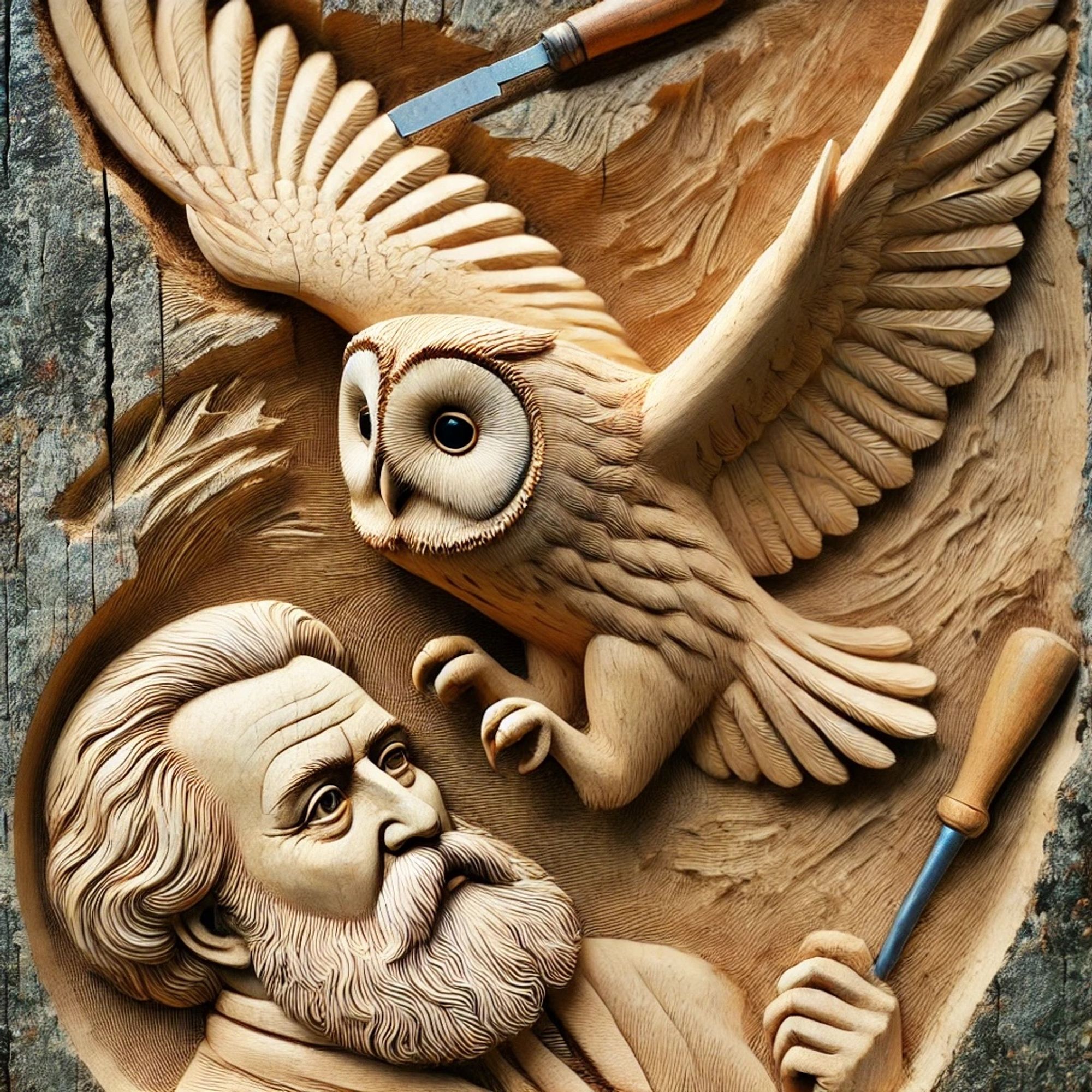 The owl of Minerva taking flight over Hegel's head in a wood carving.