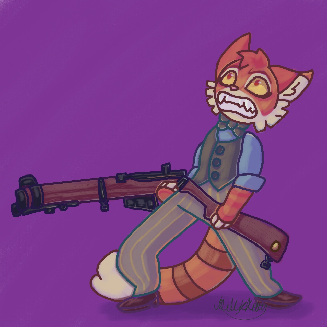 Has Freckle, a character from an indie animation series called Lackadaisy on Youtube, struggling to lift a huge rifle, as it barely lifts above his waist.

Has on clothes styled after 1920s. Includes a green vest and bowtie on top of his long-sleeved shirt. Wearing green pants with yellow stripes (and of course shoes).