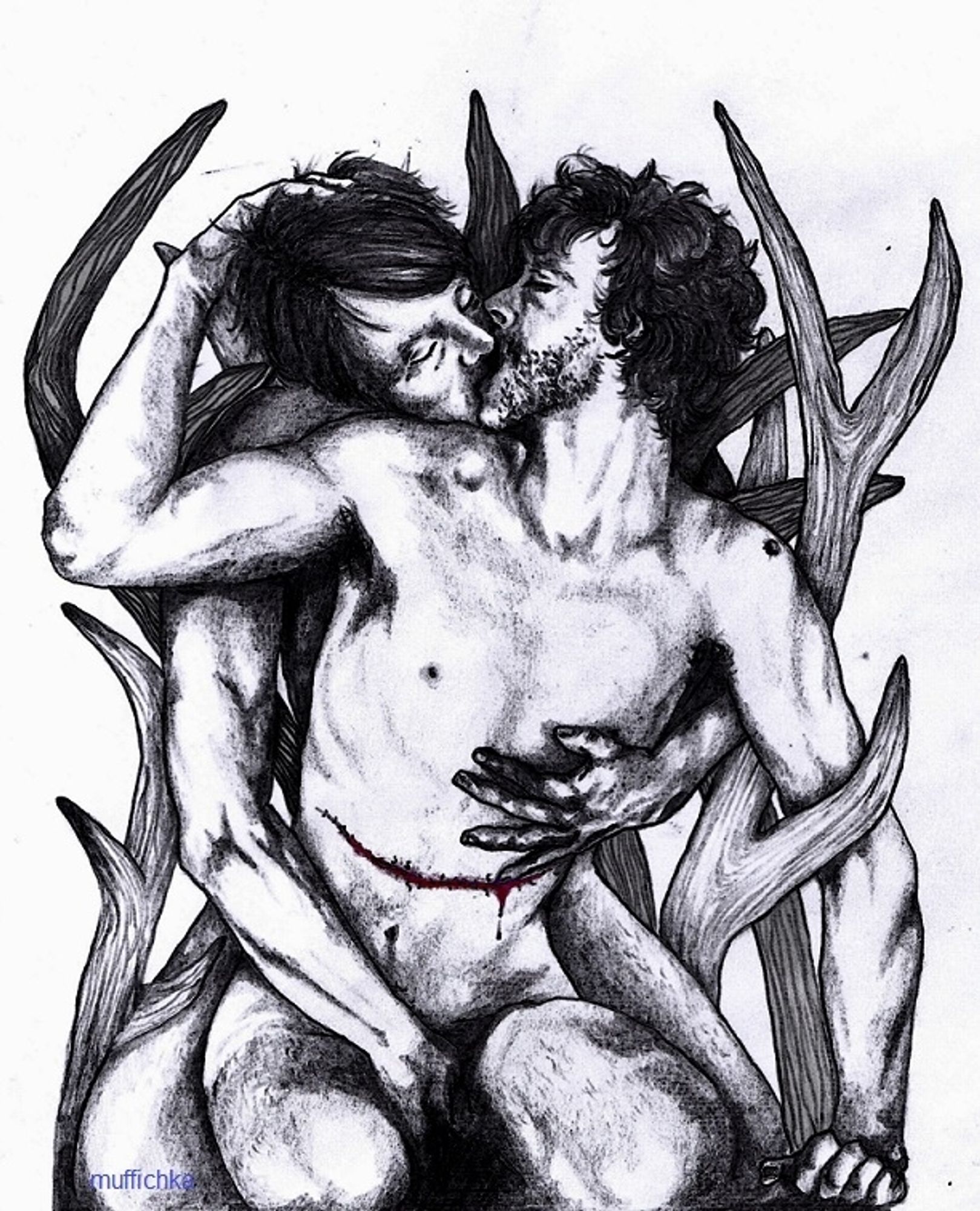 Black and white drawing of Hannibal and Will entwined in antlers, sharing a kneeling embrace: Hannibal reaches from behind, Will from in front, as they share a kiss. Hannibal's fingers graze Will's opening abdominal wound.