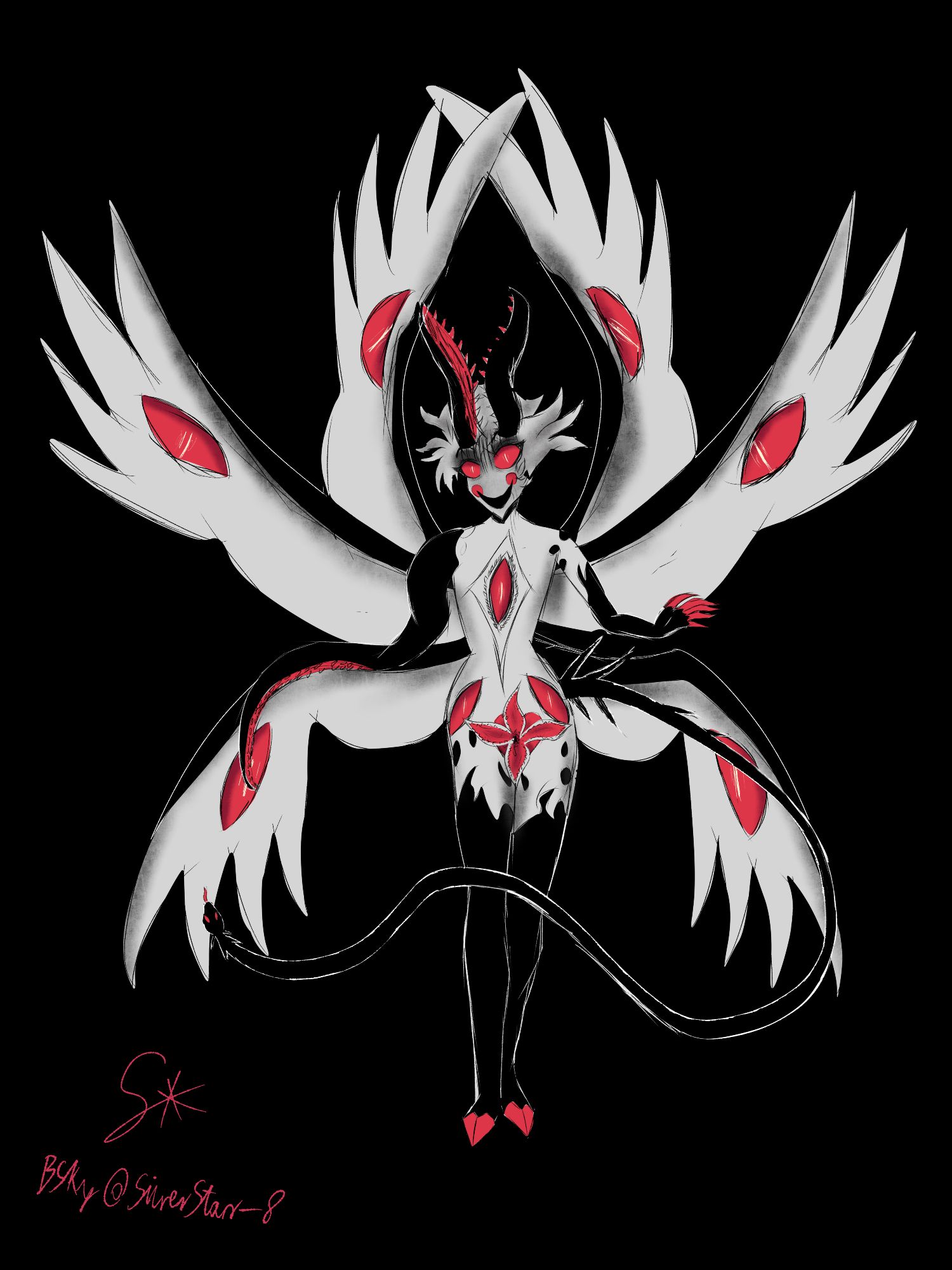 Lucifer standing in the dark, looking in the camera with scary smile. He has eyes on all of his six wings, as well as chest and both sides of his pelvis. His horns look mouth-like and his crotch shows an entrance