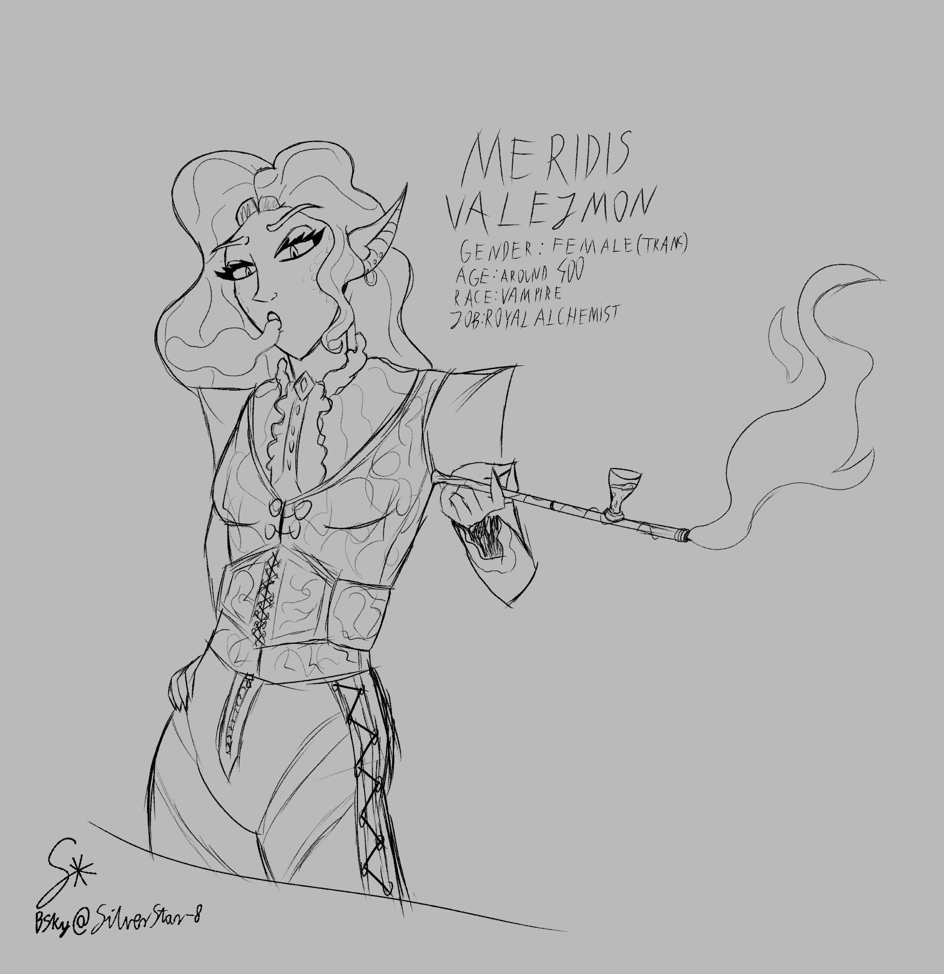 Meridis Valejmon is vaping her medicine (Character from my oiginal story)
The text is:
Gender: Female (Trans)
Age: Around 400
Race: Vampire
Job: Royal Alchemist