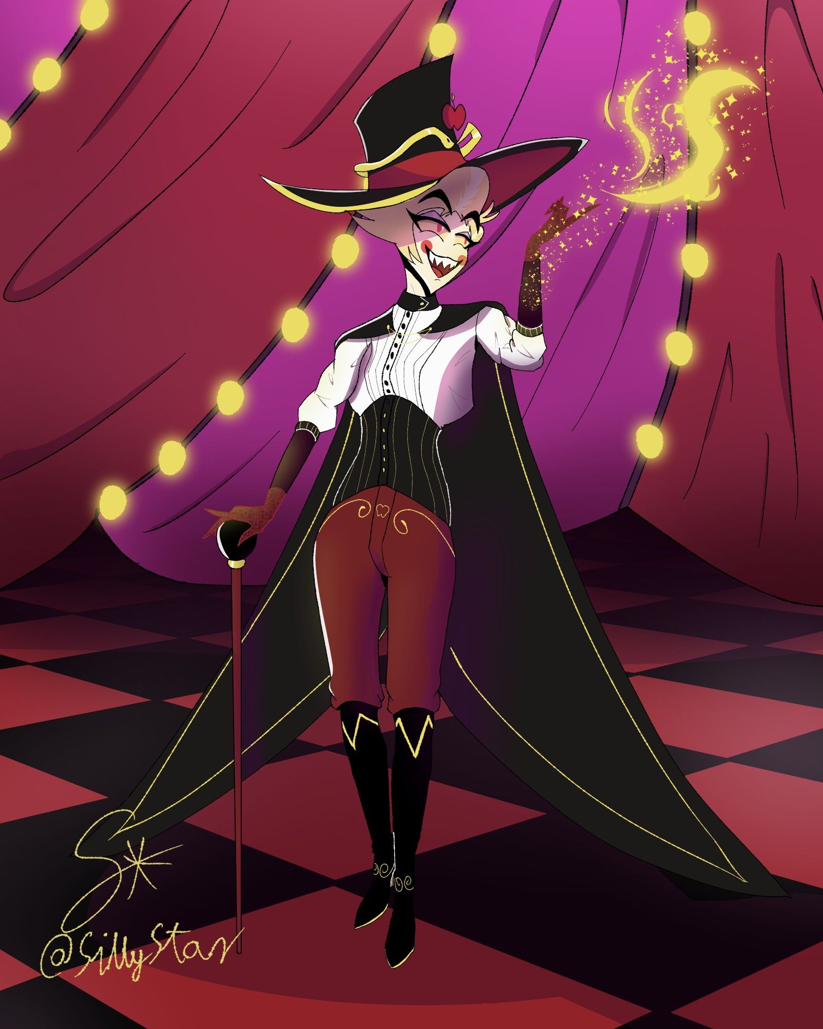 Lucifer is doing magic in the circus. His design was changed into having more black and red colors